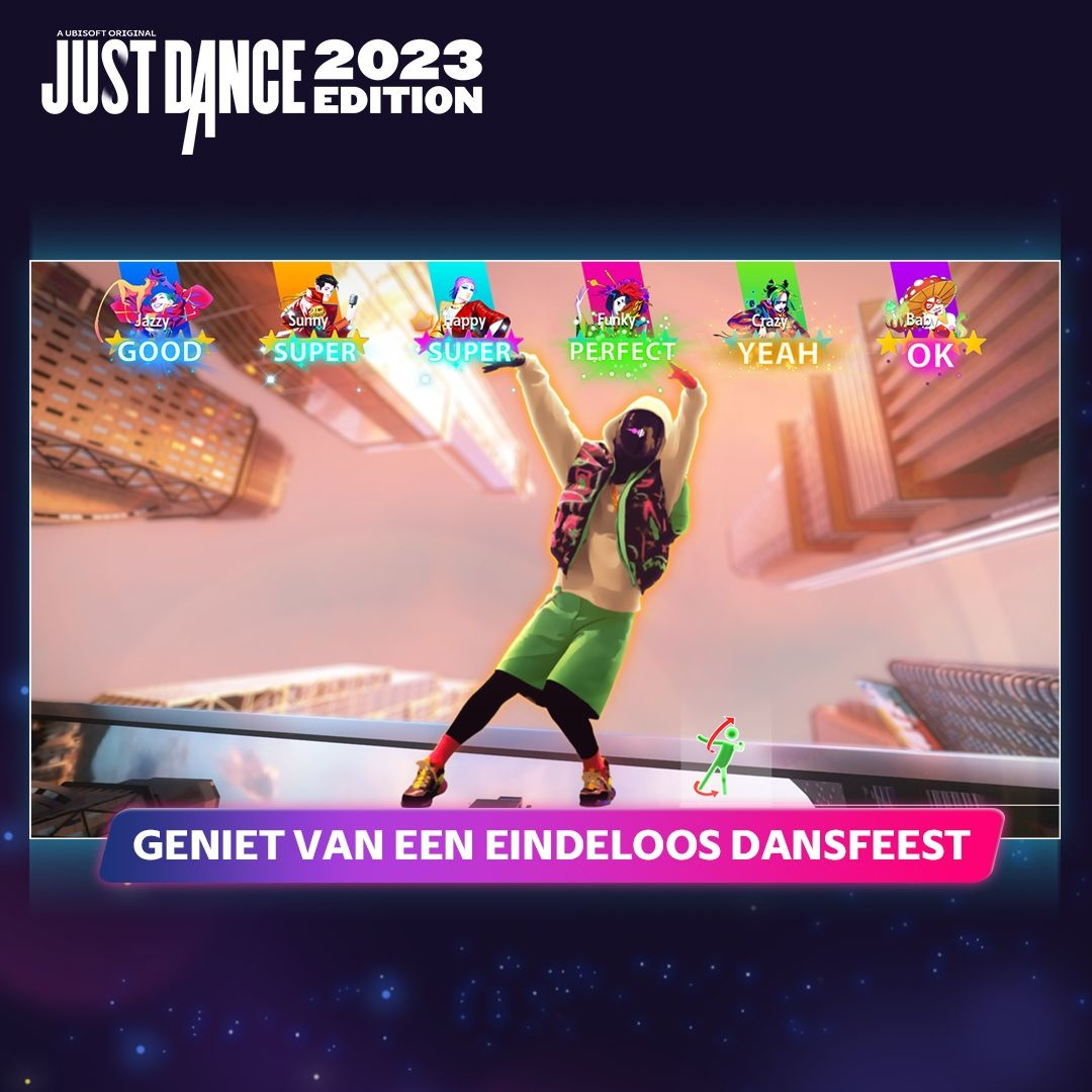 Just Dance 2023 game-advertentie. Dansende figuur met feedback-iconen.