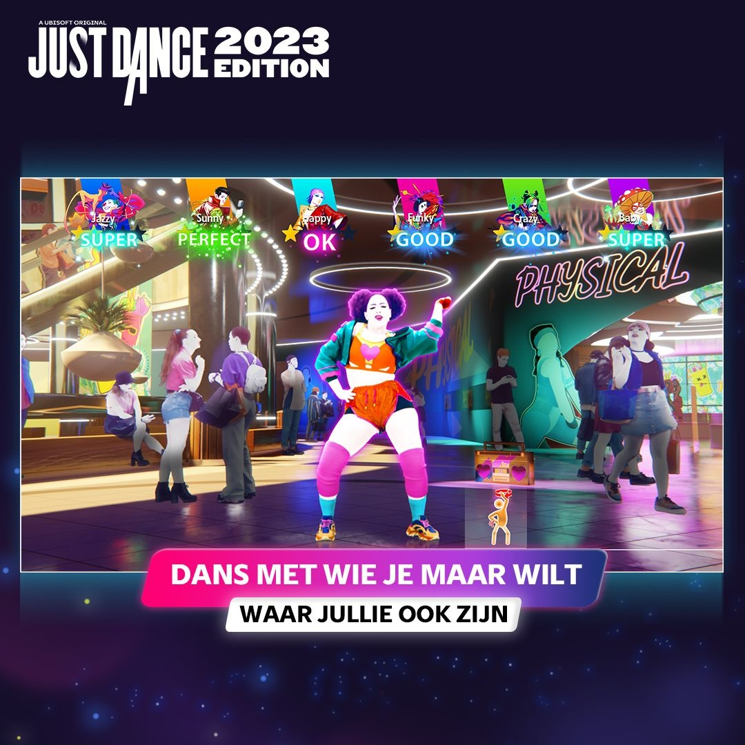 Just Dance 2023 Edition gamescène, dansers op het podium, kleurrijke achtergrond.