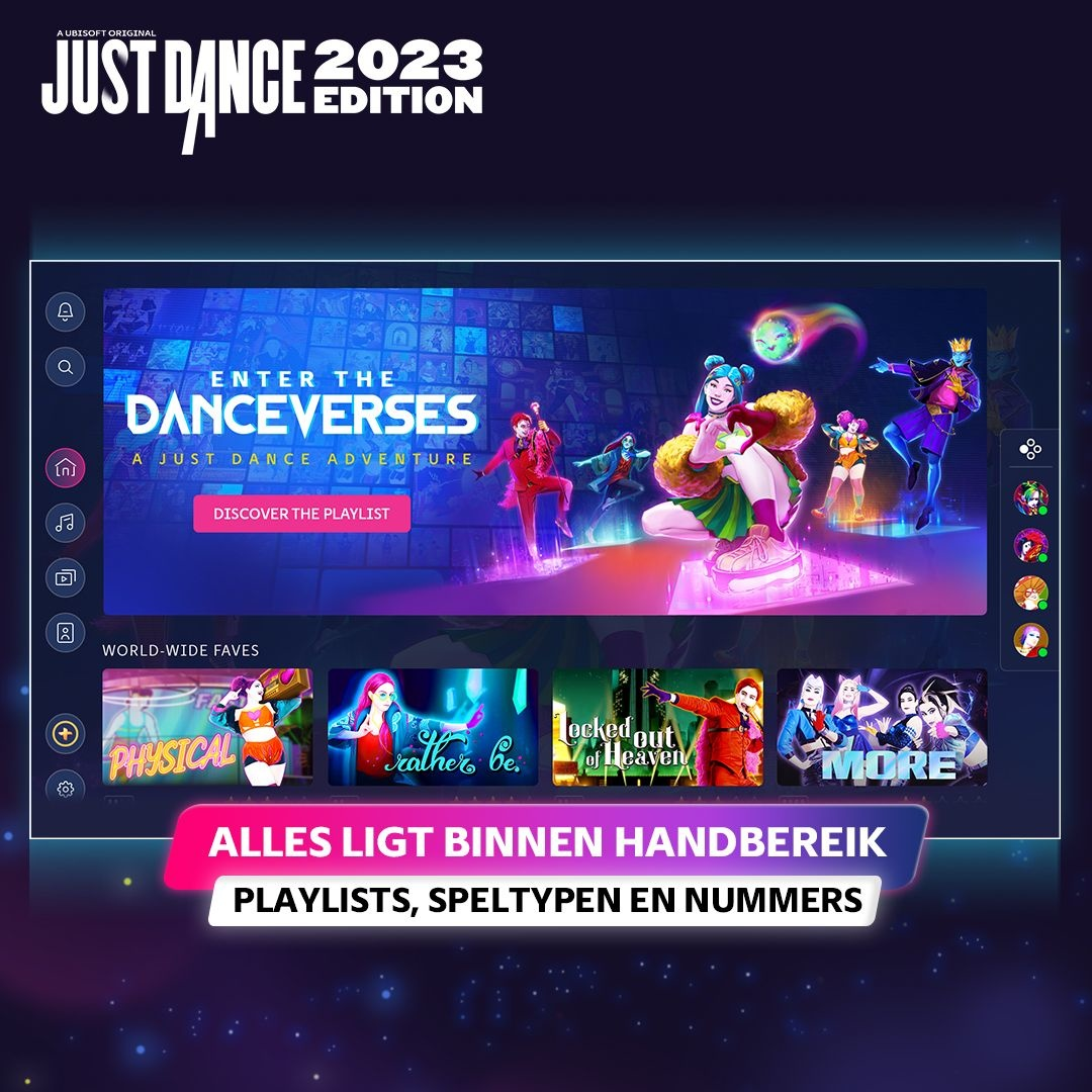 Just Dance 2023 Edition game-interface. Het scherm toont dansverzen en spelopties.