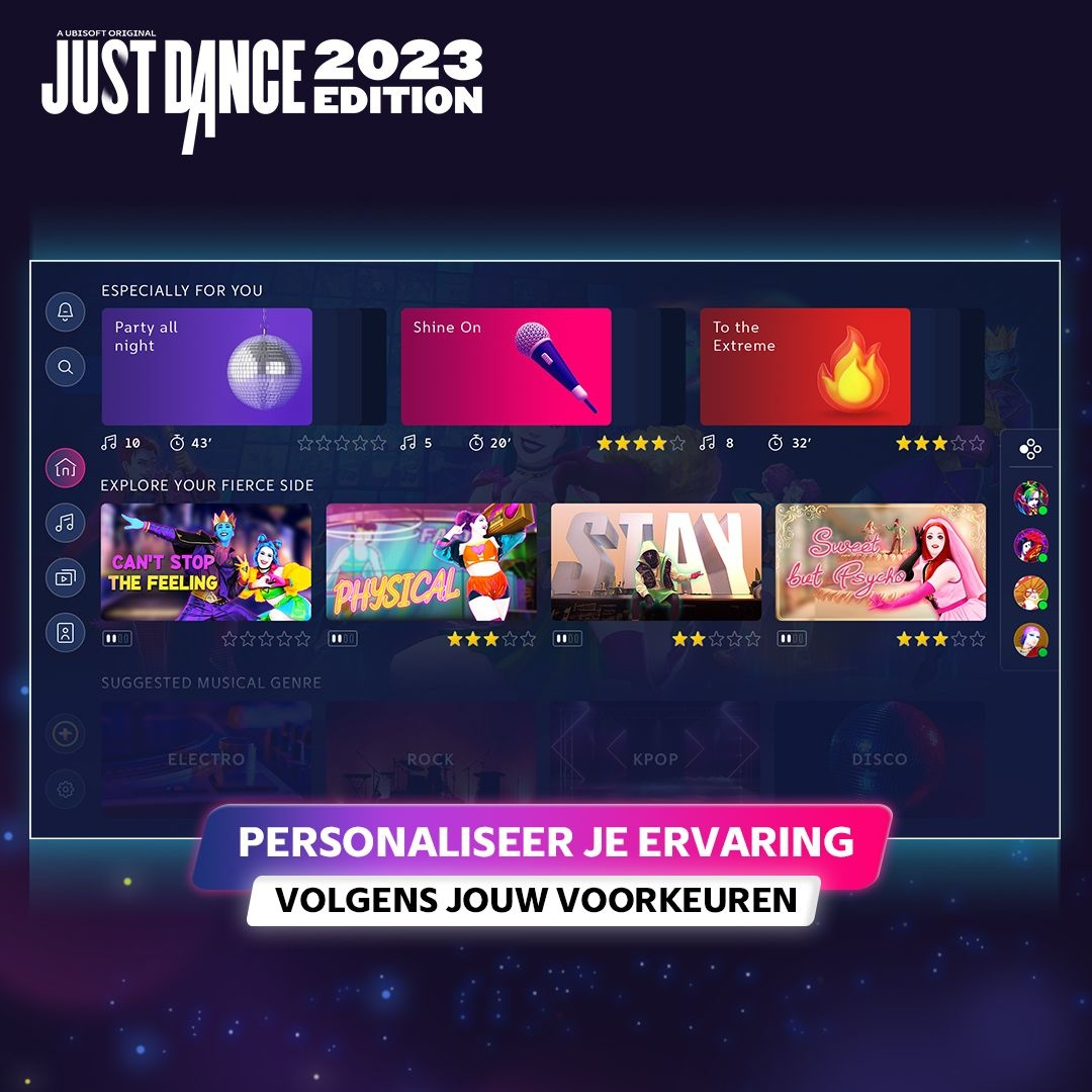Just Dance 2023 Edition-spelscherm met danstegels, een discobal en tekst in het Nederlands.