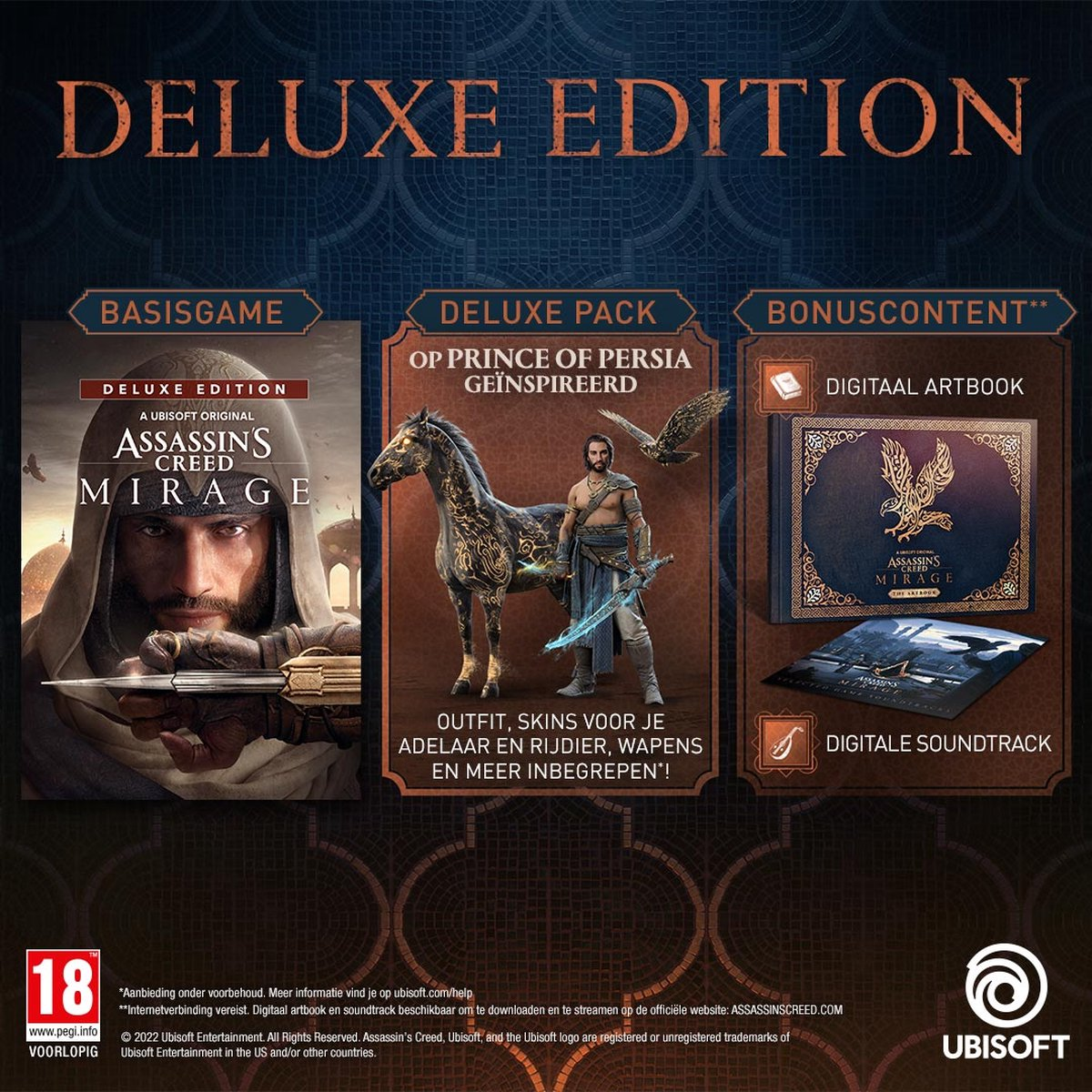 Deluxe Edition game box set with Assassin's Creed Mirage content details.