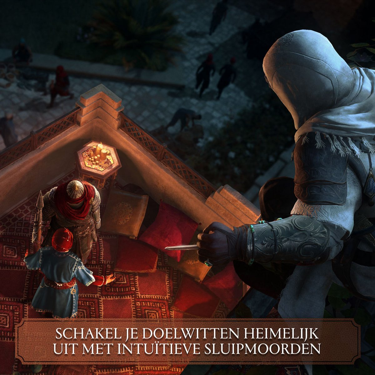 Assassin's Creed game scene. A cloaked figure looks down at a scene with people on a rooftop.