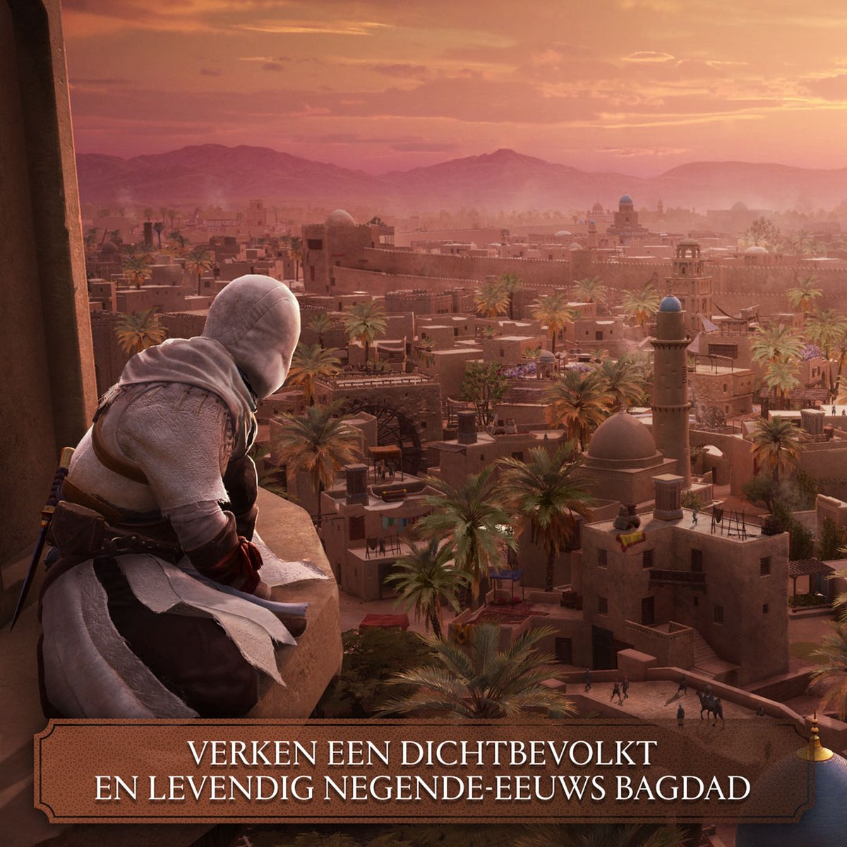Assassin's Creed scene: character overlooking a city with text in Dutch.