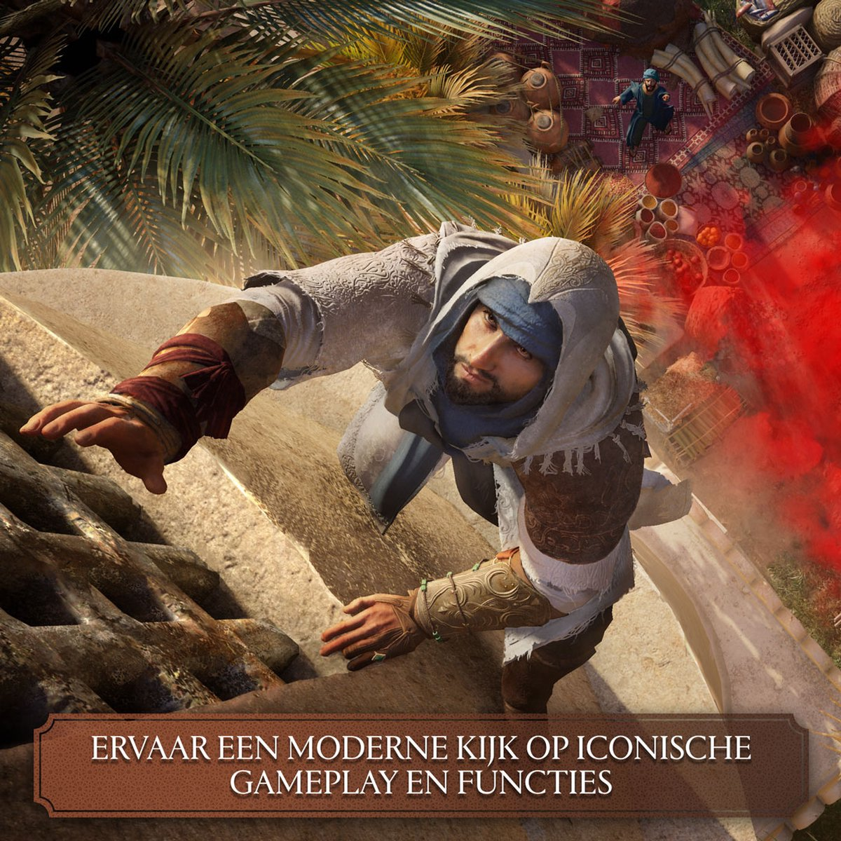 Assassin's Creed character climbing a wall. Text at the bottom: 'ERVAAR EEN MODERNE KIJK OP ICONISCHE GAMEPLAY EN FUNCTIES'.