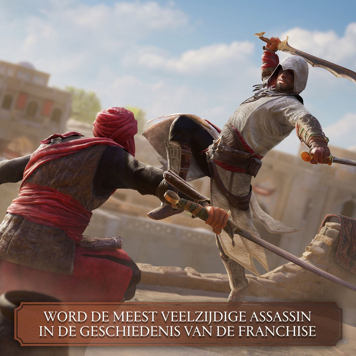 Two figures fight in an action scene from a video game, swords drawn.
