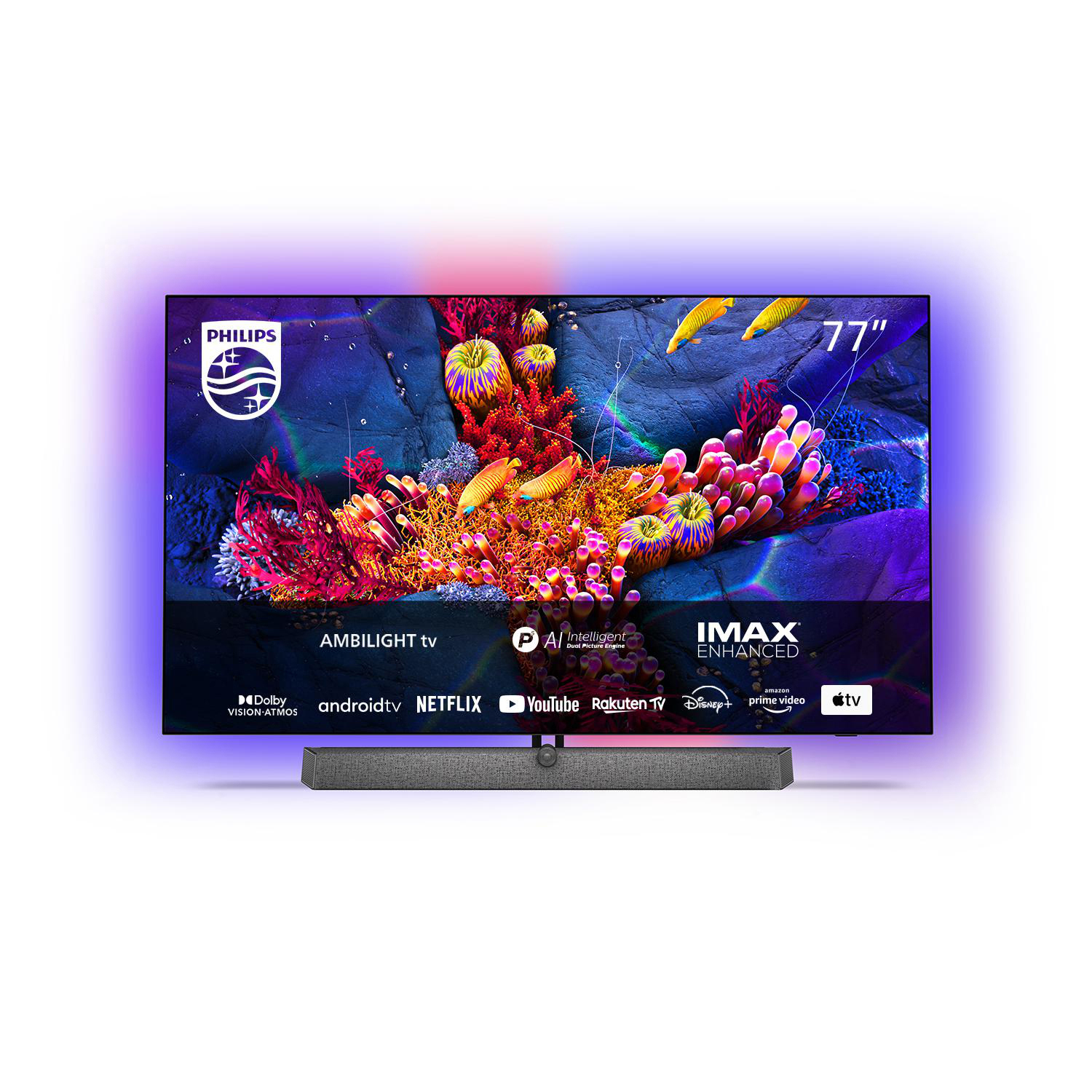 Ein 77-Zoll Philips Ambilight TV mit Soundbar. Der Bildschirm zeigt eine bunte Unterwasserszene.