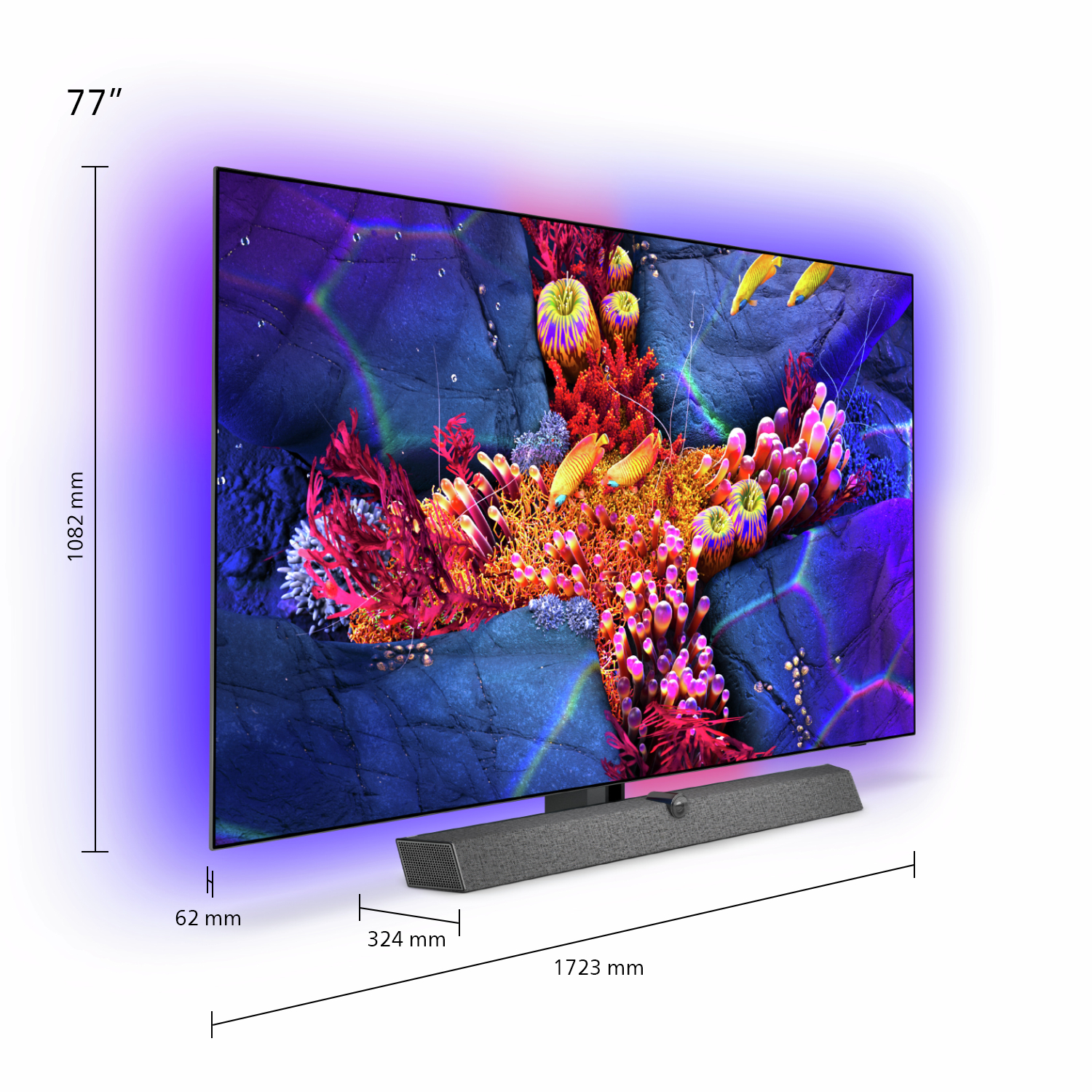 77"-TV mit Abmessungen in einem Raum mit einer Korallenriff-Szene.