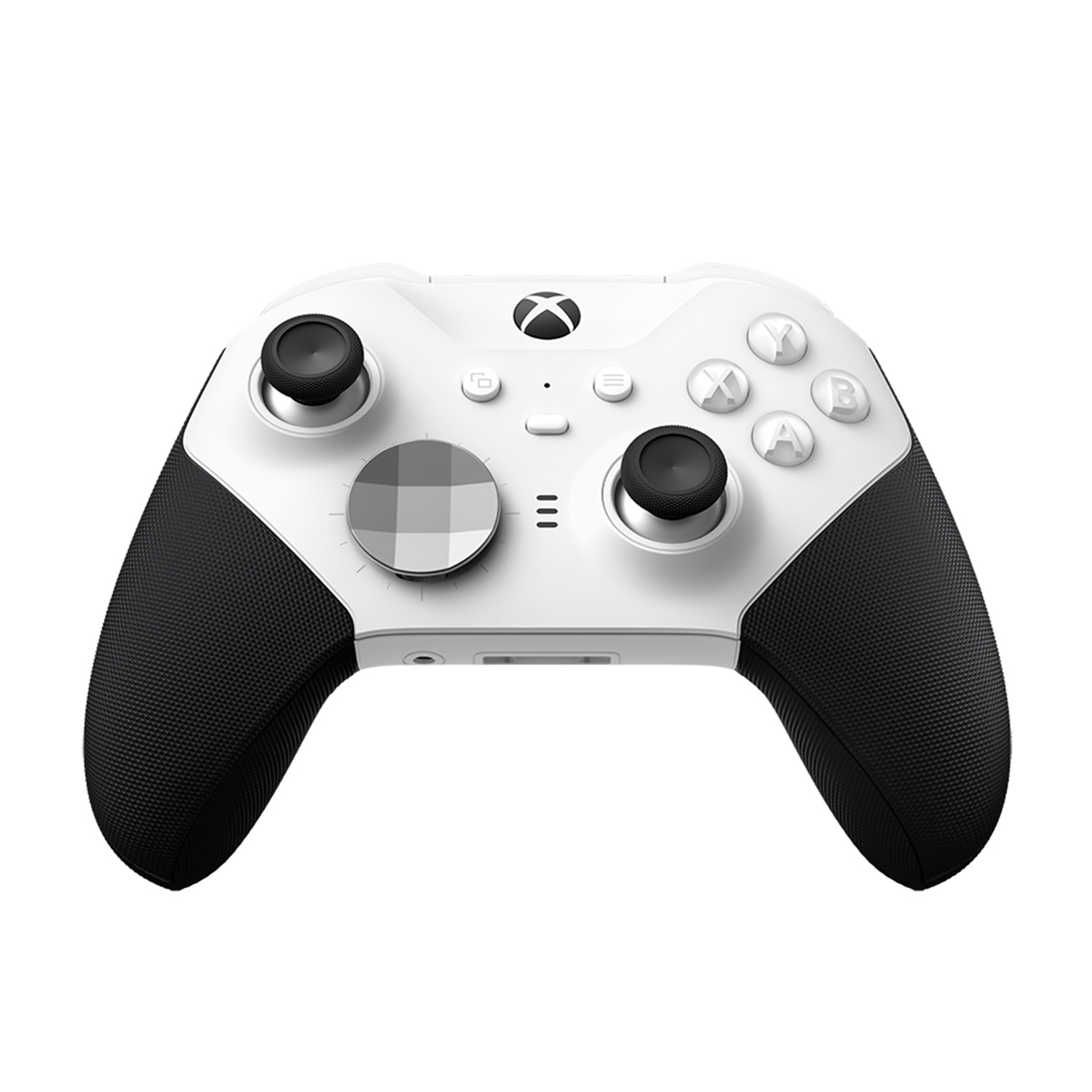 Un controller Xbox bianco con manici, pulsanti e joystick neri.