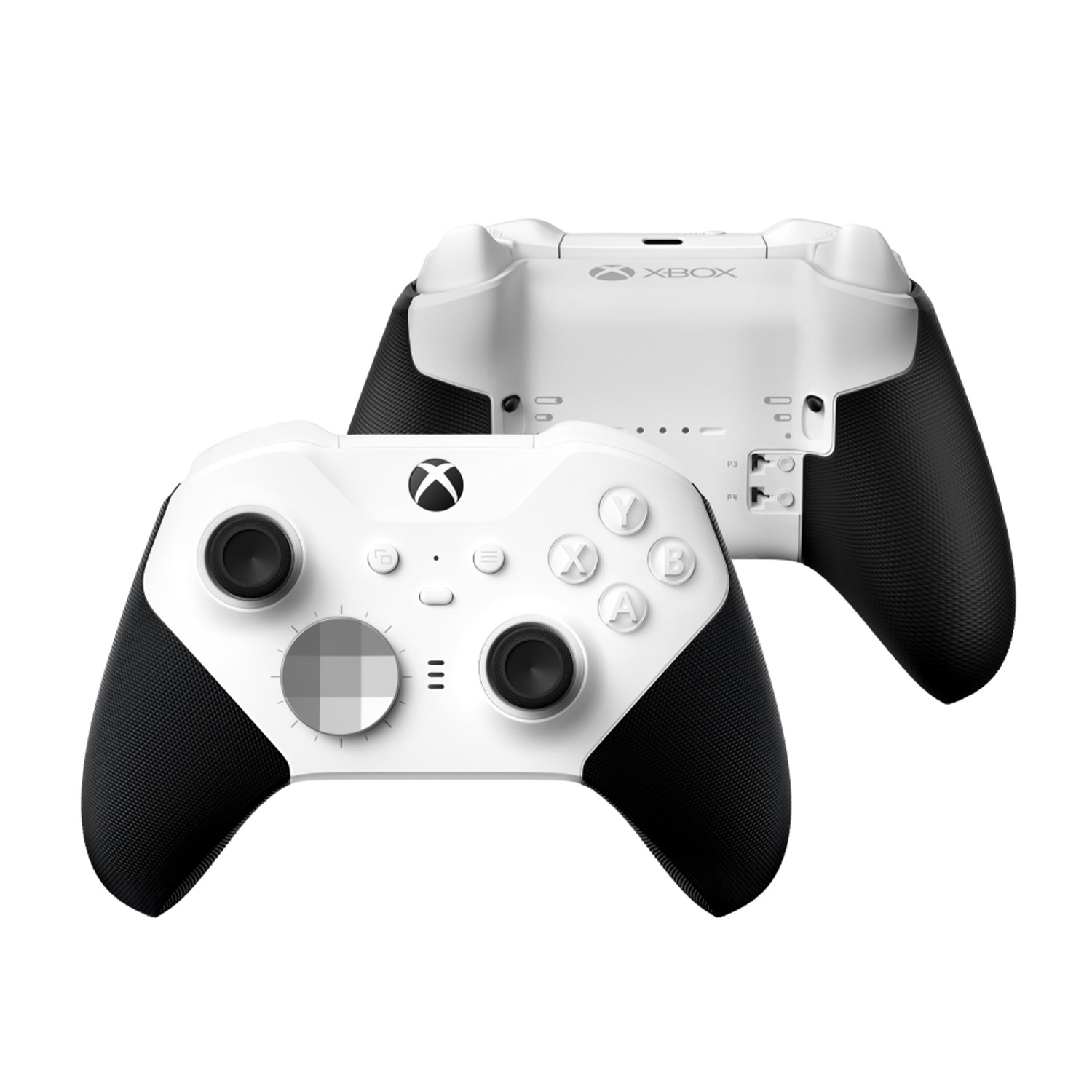 Due controller Xbox bianchi, uno frontale e uno posteriore, su una superficie bianca.