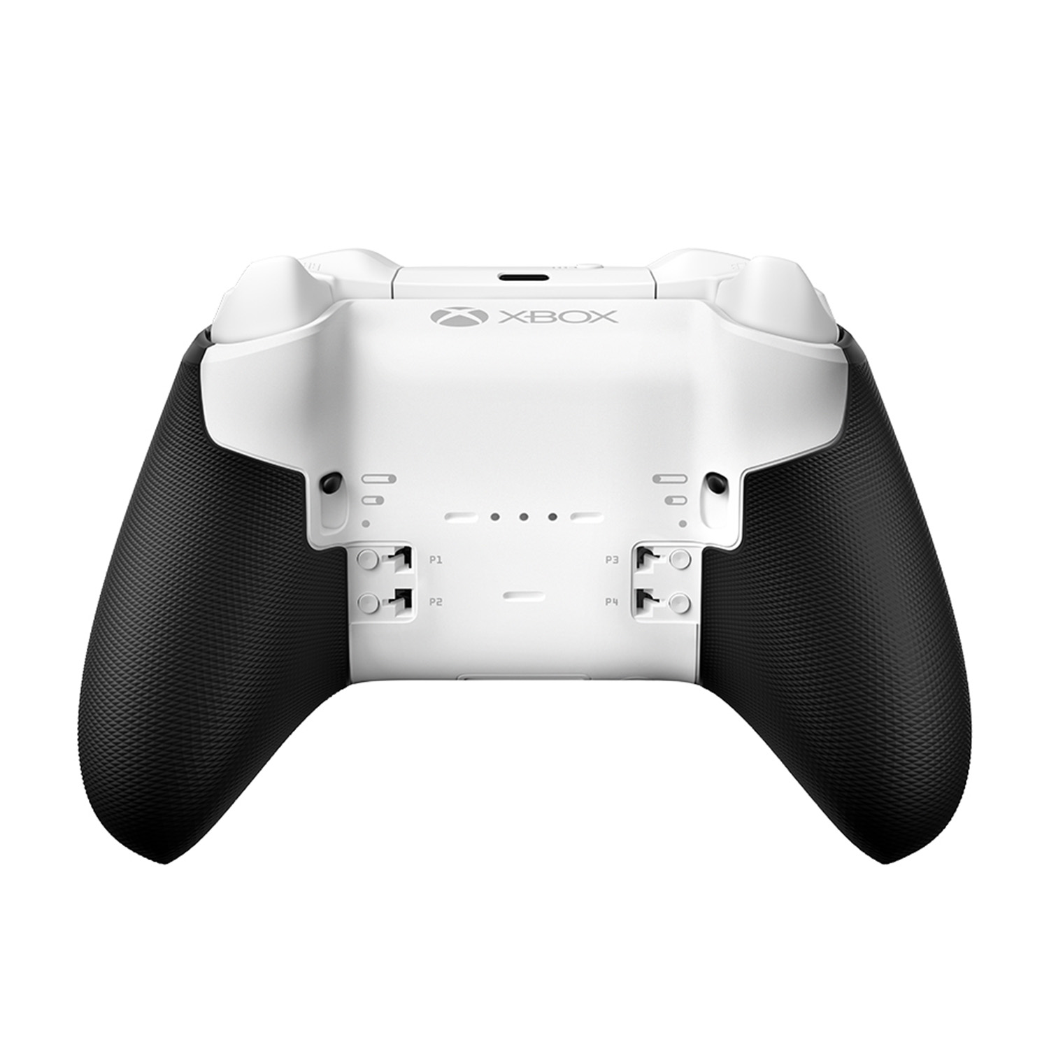 Vista posteriore di un controller Xbox bianco e nero. I pulsanti P1, P2, P3 e P4 sono visibili.
