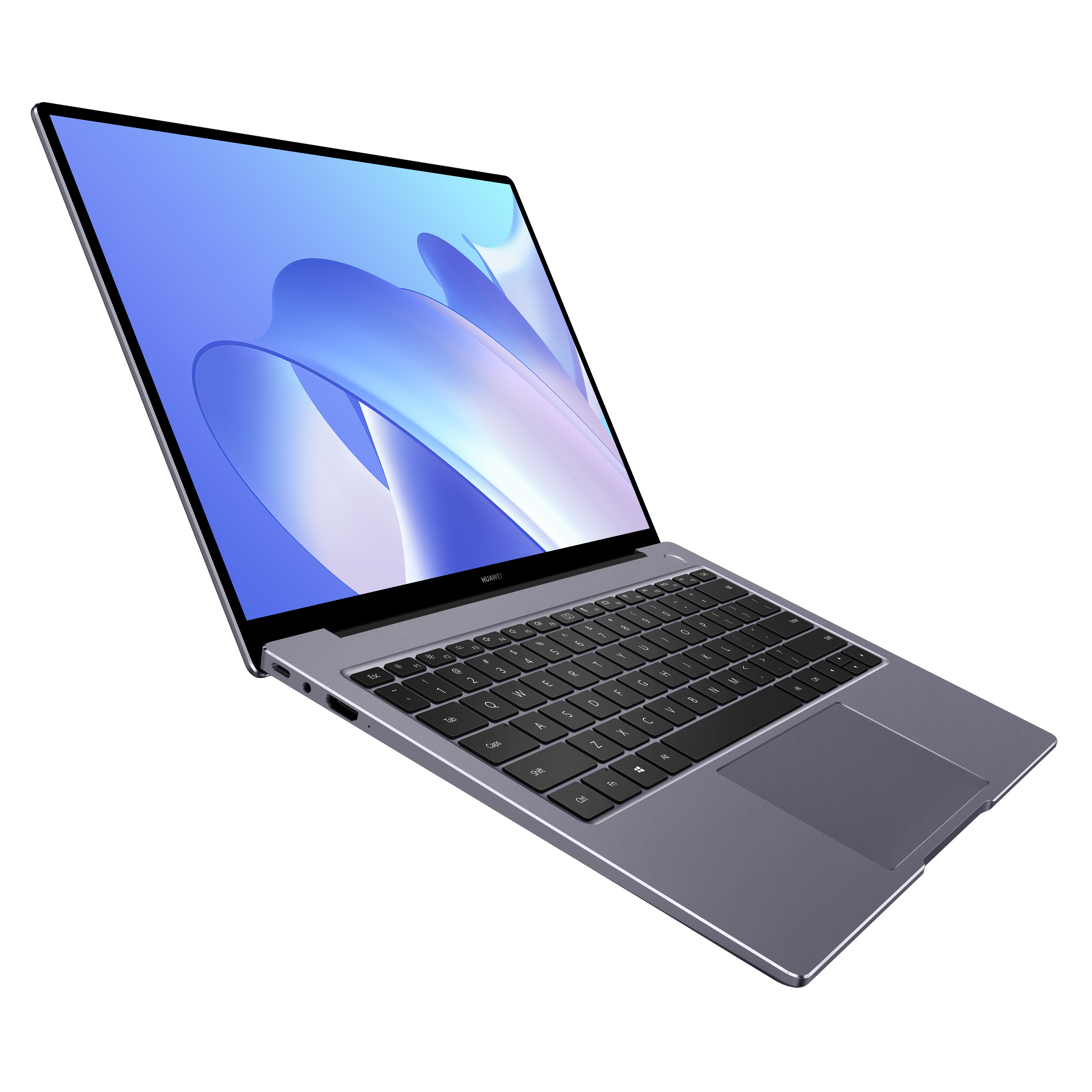 Una laptop gris plateada está abierta, mostrando un diseño azul y blanco en su pantalla.