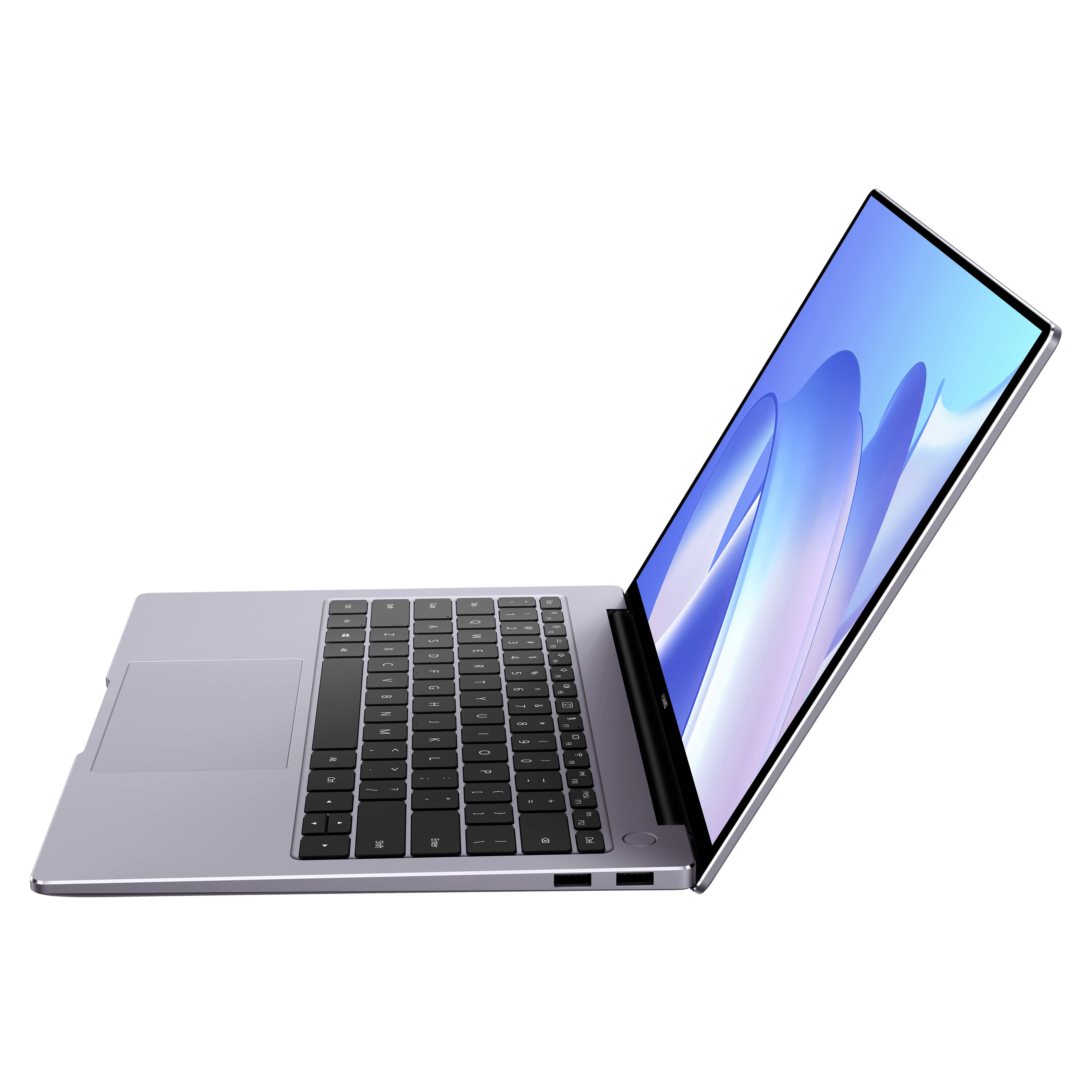 Portátil plateado en ángulo. La pantalla muestra un diseño azul y blanco, teclado visible.