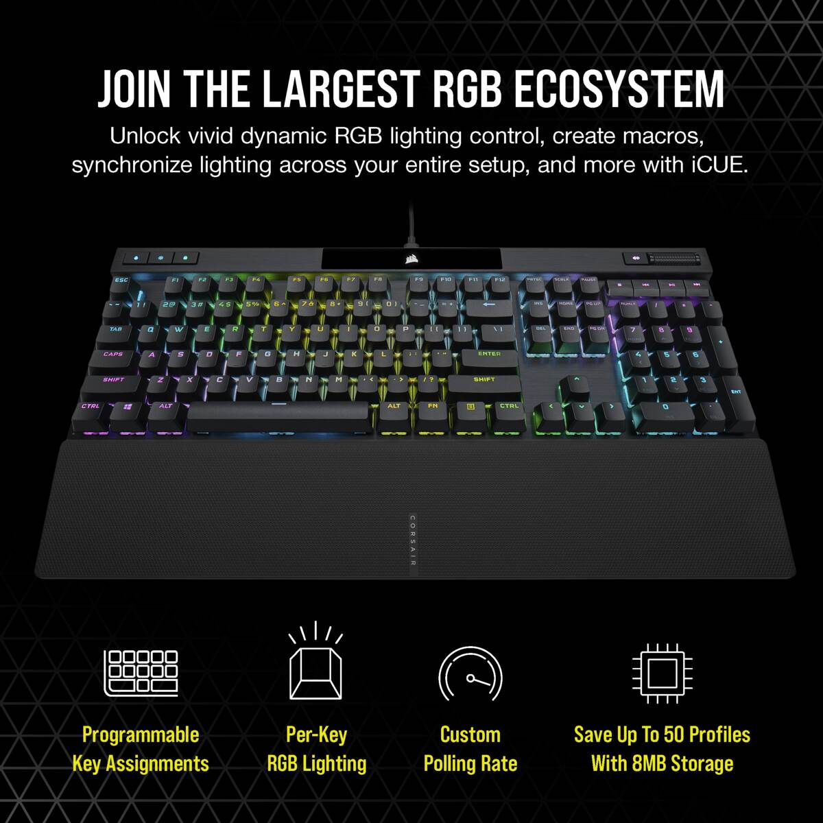Schwarze RGB-Tastatur mit Handballenauflage. Weißer Text auf Tasten und Knöpfen.