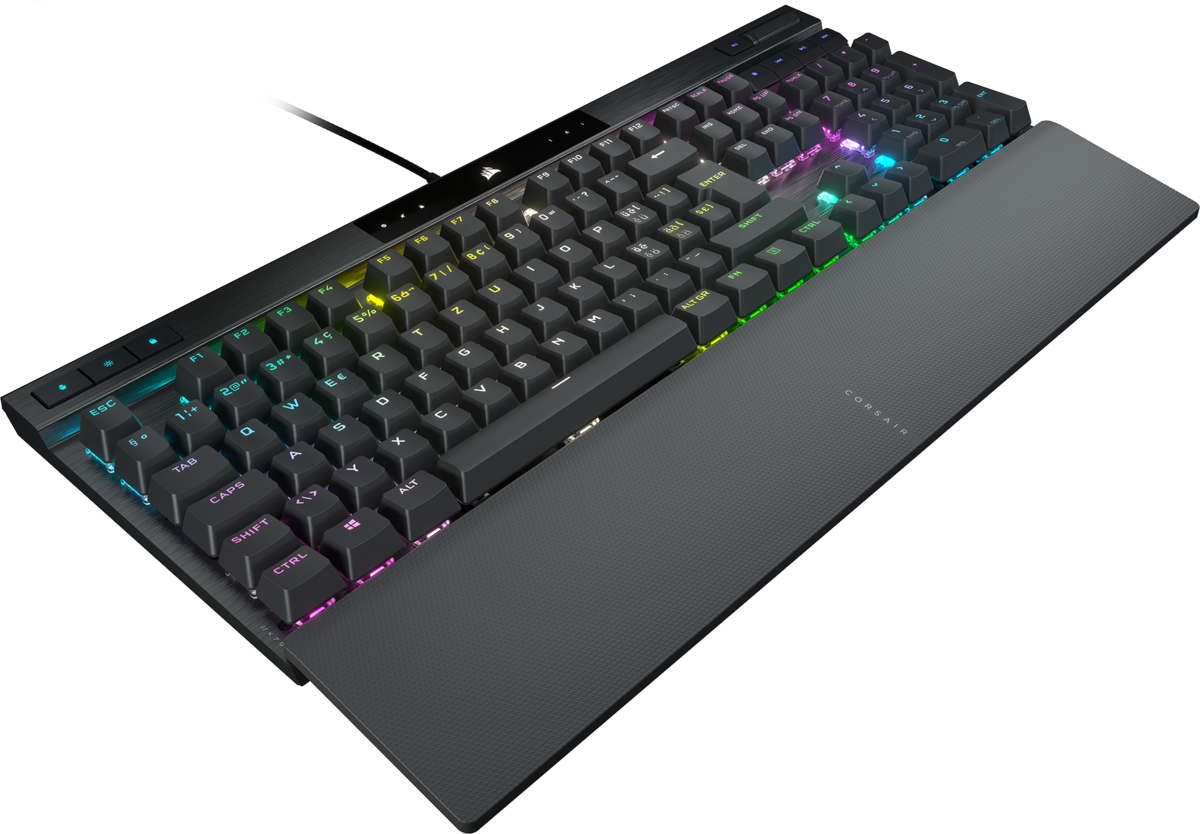 Schwarze Tastatur mit regenbogenfarbenen Tasten und einer Handballenauflage. Corsair-Logo auf der Auflage.