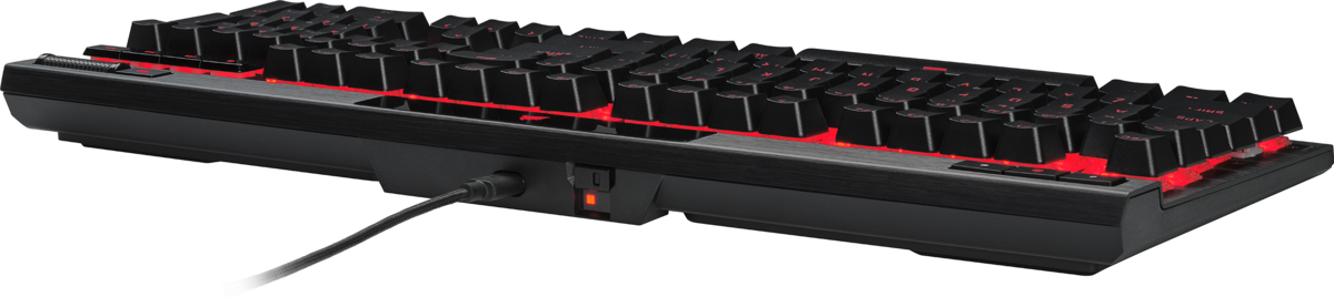 Schwarze Tastatur mit rot hinterleuchteten Tasten und Kabelanschluss.