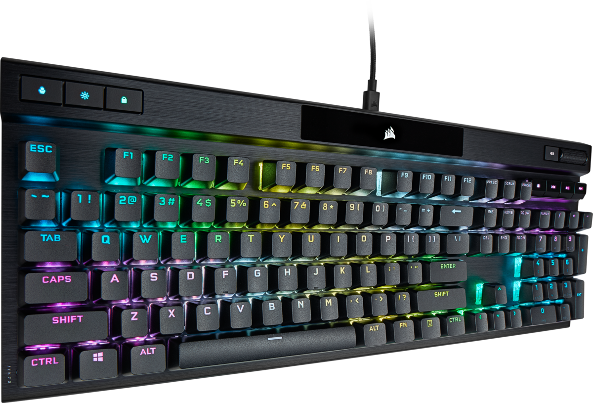 Eine schwarze Tastatur mit farbigen, hintergrundbeleuchteten Tasten. Sie hat ein Corsair-Logo und eine Steuerleiste.