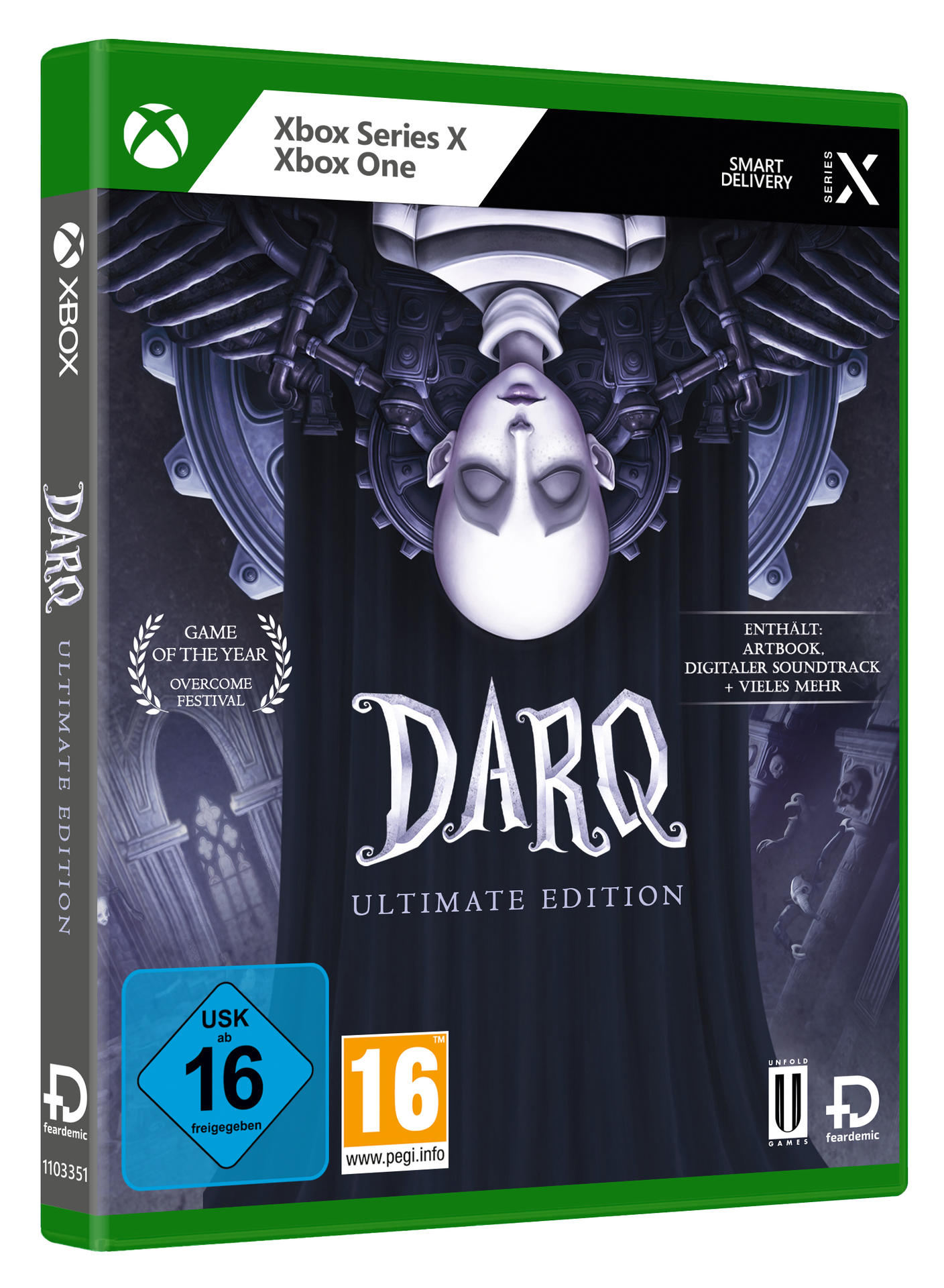 Die Spielbox 'DARQ' Ultimate Edition. Das Cover hat ein dunkles Bild einer Figur und Text.
