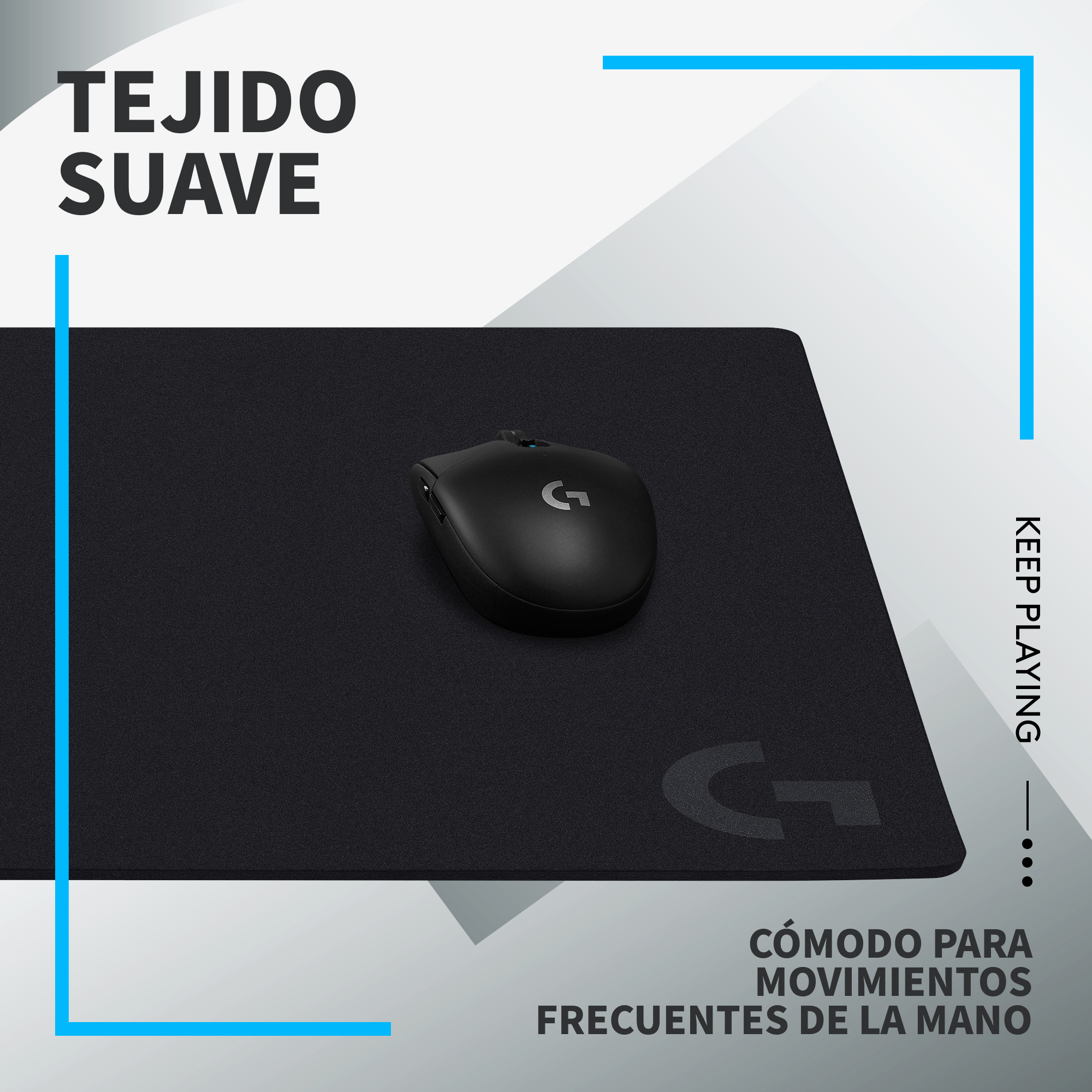 Ratón negro sobre una alfombrilla negra; texto blanco en el fondo.