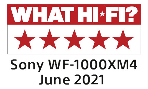 Un banner rosso e bianco con le parole 'WHAT HI*FI?' e cinque stelle rosse, e le parole 'Sony WF-1000XM4'.
