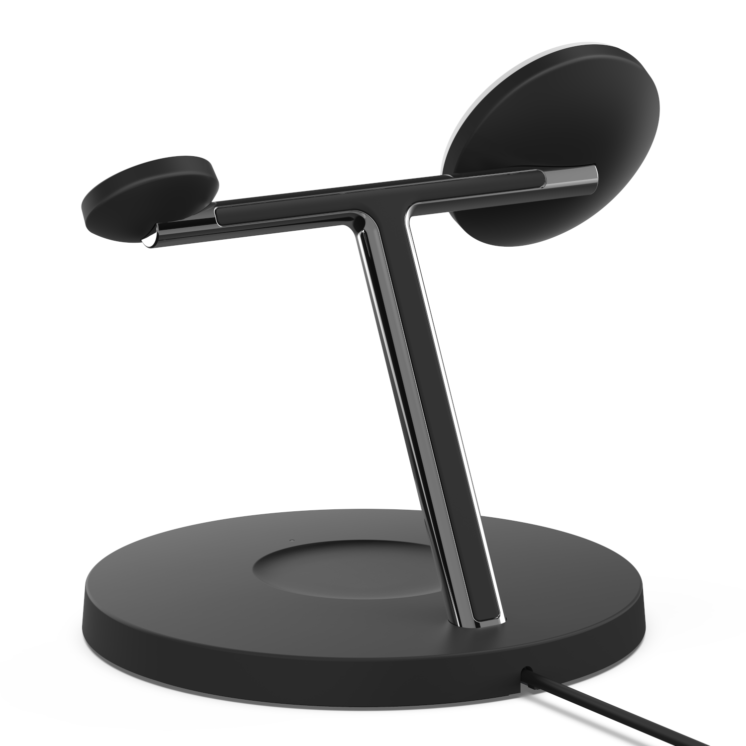 Black wireless charging stand with a round base and two charging pads.