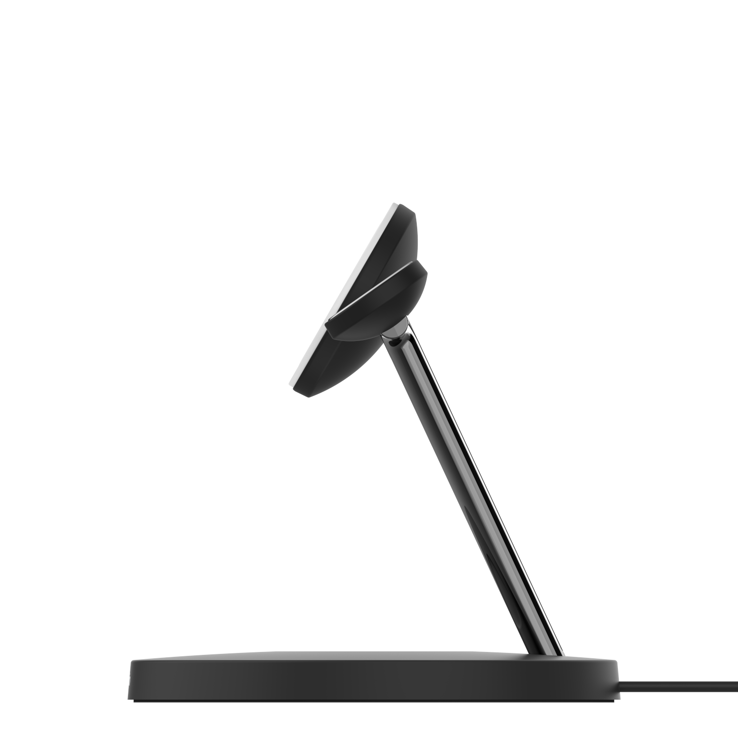 A black wireless charging stand with a white charging surface.