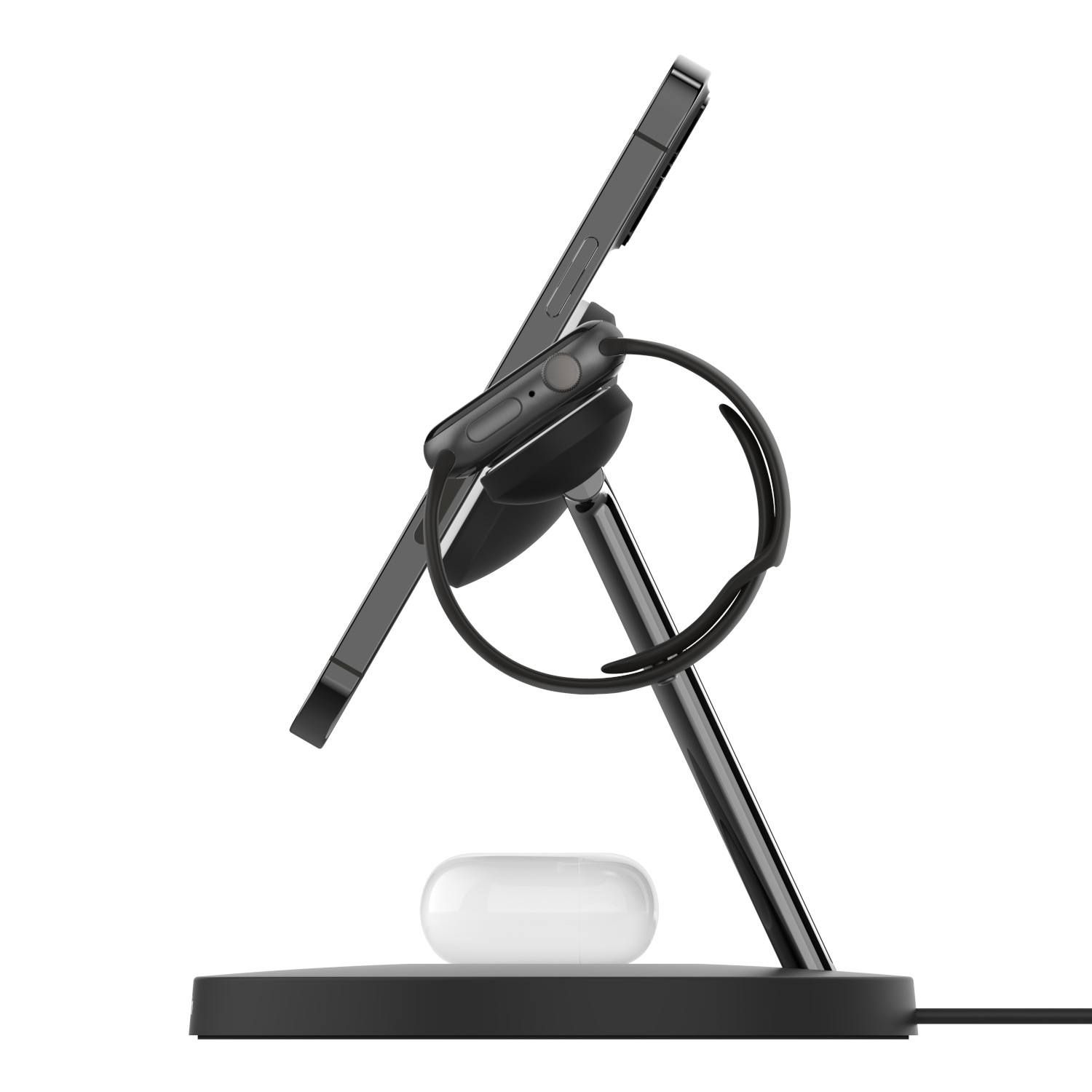 Black charging stand with a phone, smartwatch and earbuds charging.