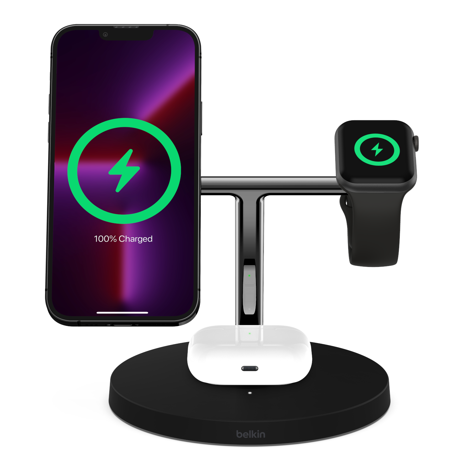 A charging station with an iPhone, AirPods, and Apple Watch. All devices are charging, with green lightning.