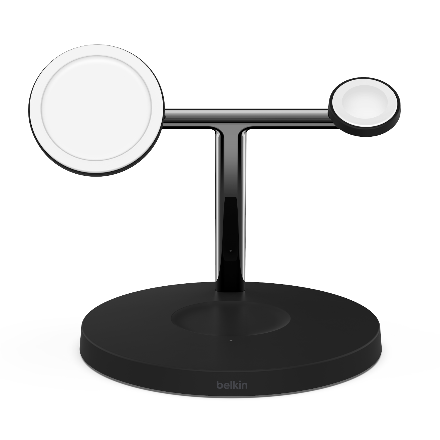 Black Belkin charging stand with two charging pads for devices.