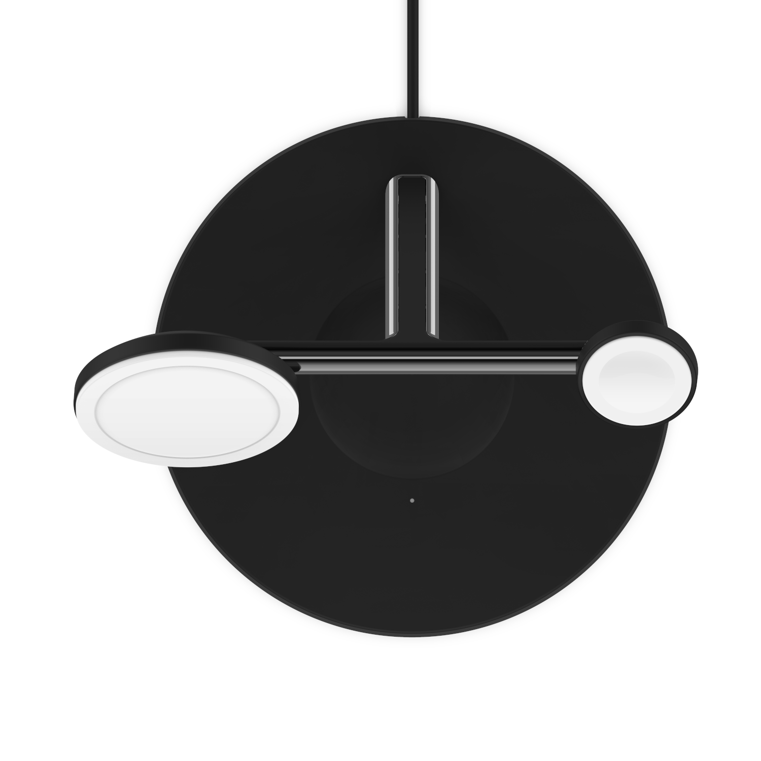 Black circular charging station with two white charging pads and a metal stand.