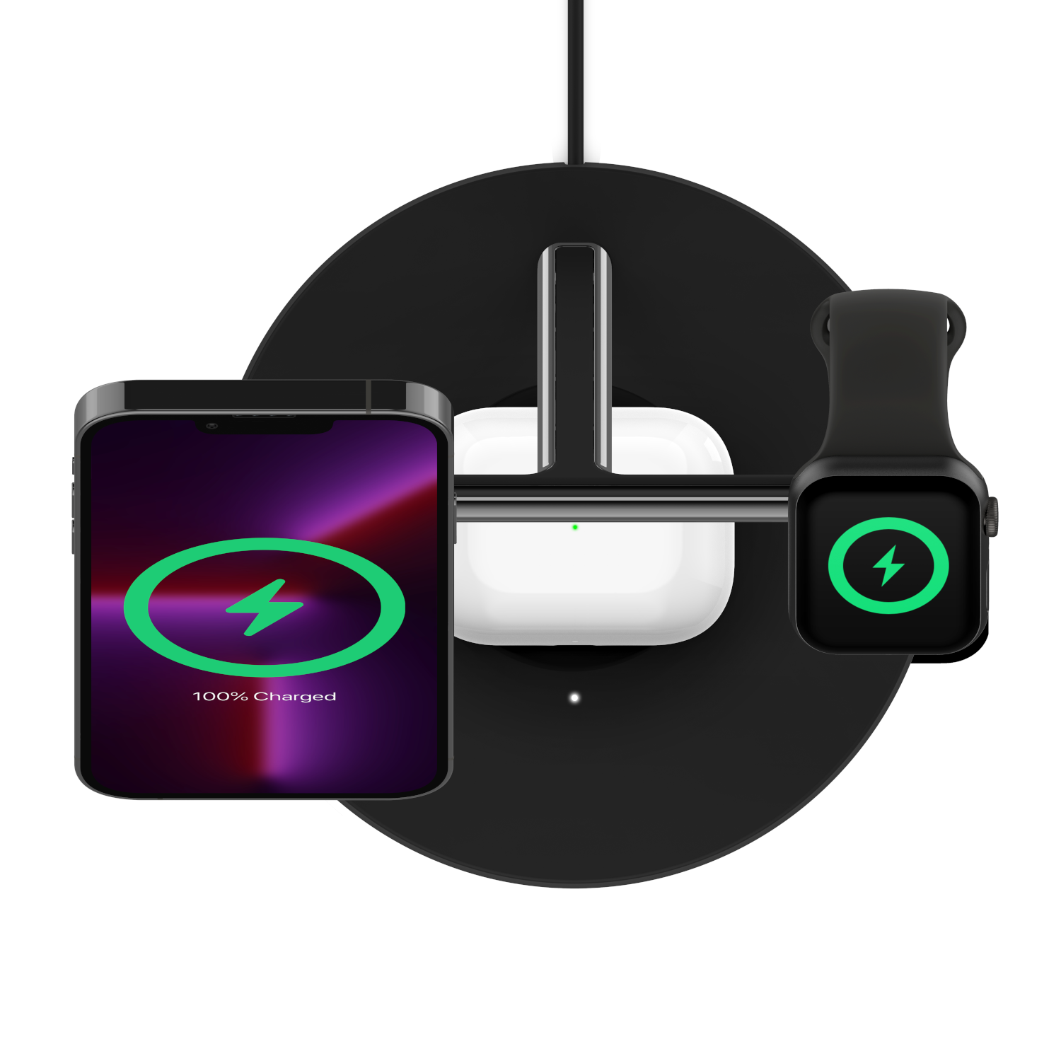 Charging station with phone, earbuds, and watch, all showing 100% charge.