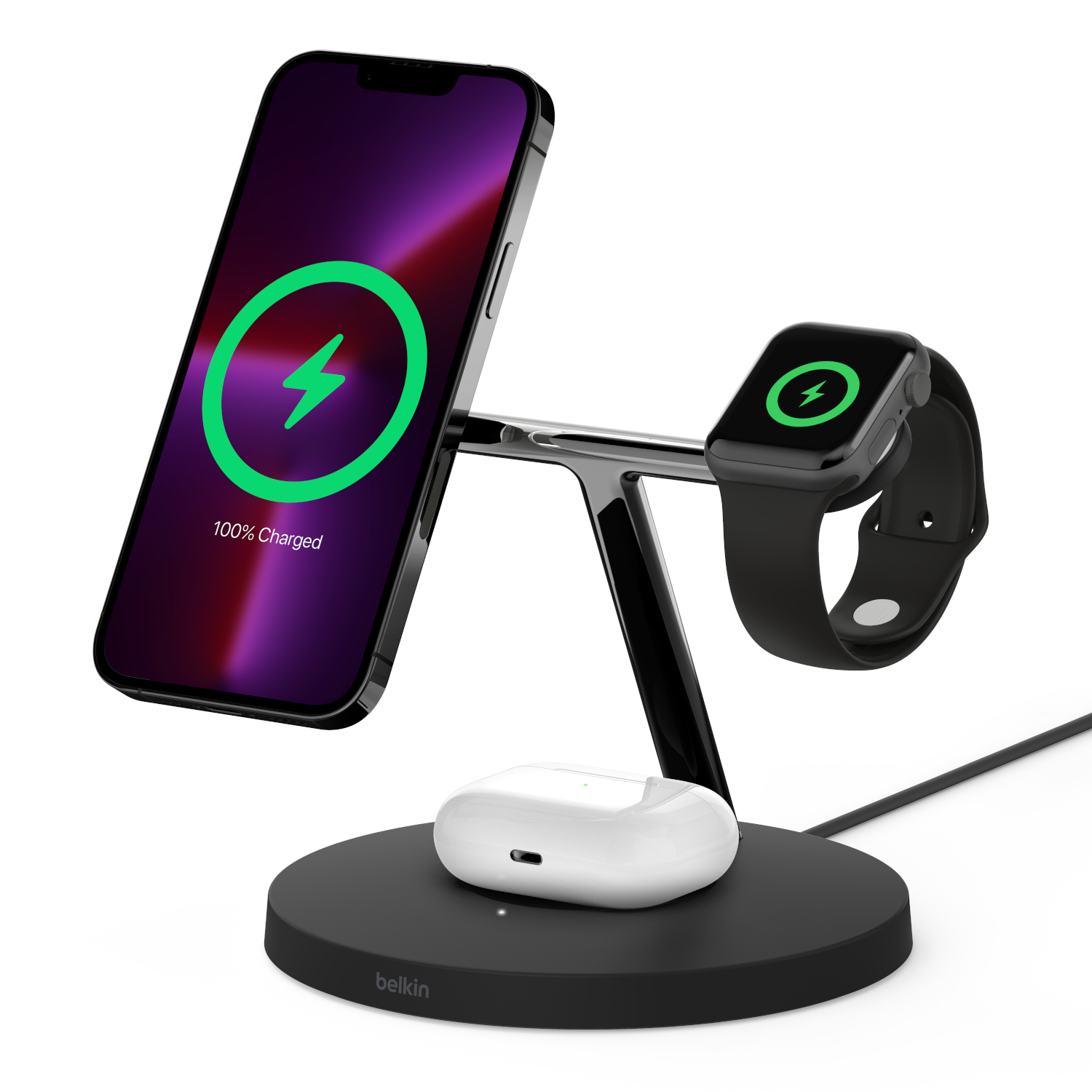 Black charging stand with phone, watch, and AirPods. Phone shows charging.
