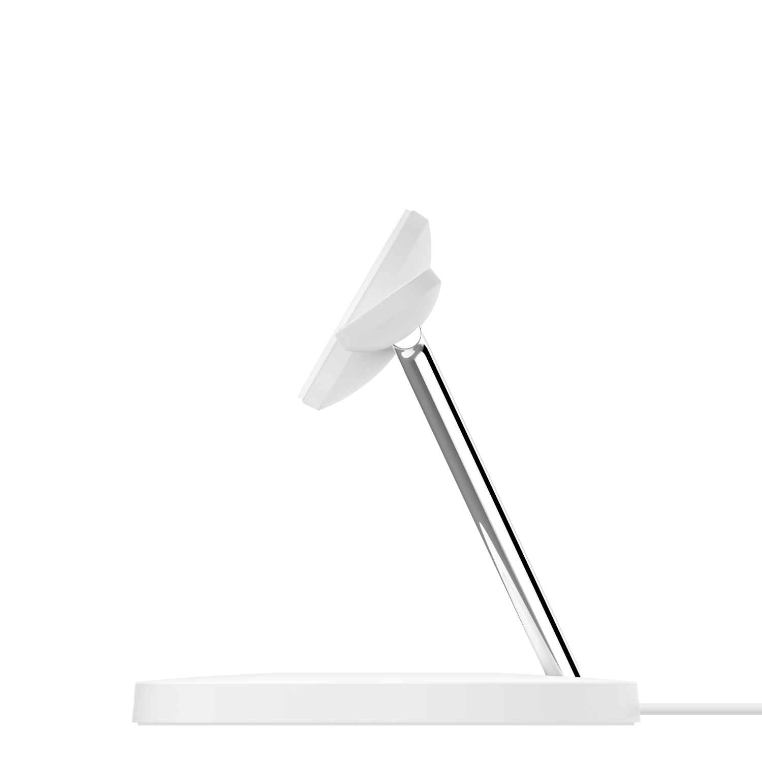 White charging stand. Two white charging pads. Metal stand. White background.