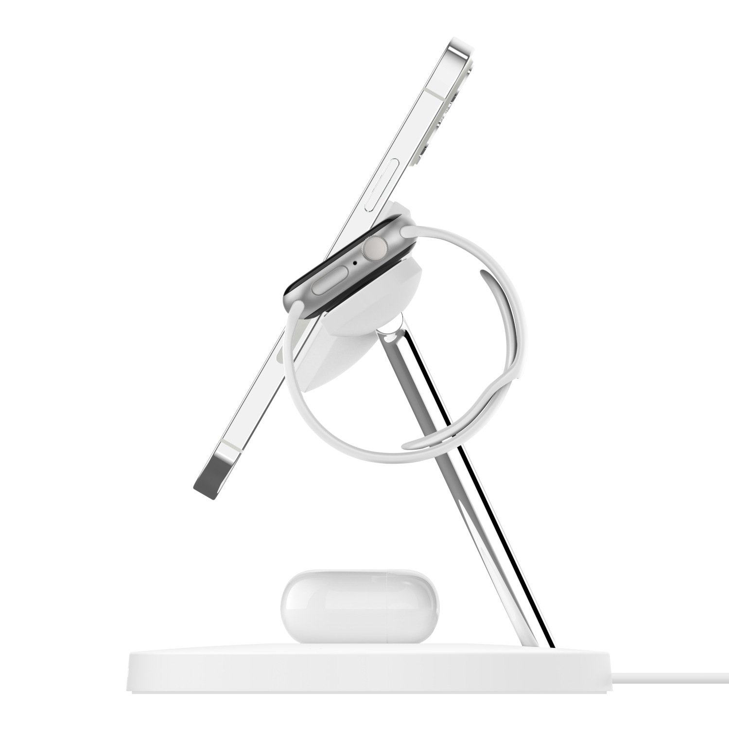 A white charging stand with an iPhone, Apple Watch, and AirPods, side view.