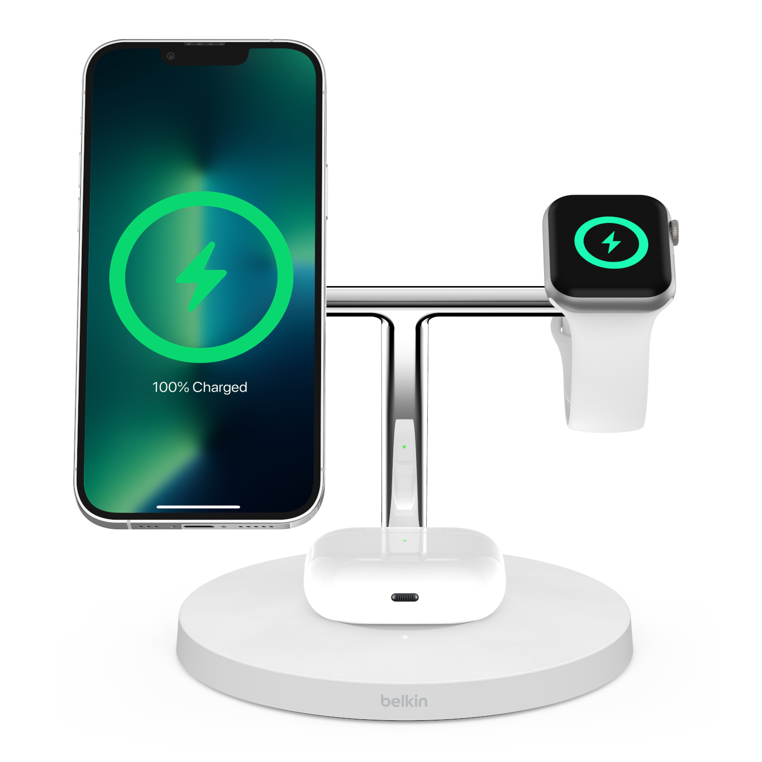 Charging station with phone, earbuds, and watch, all showing 100% charge.