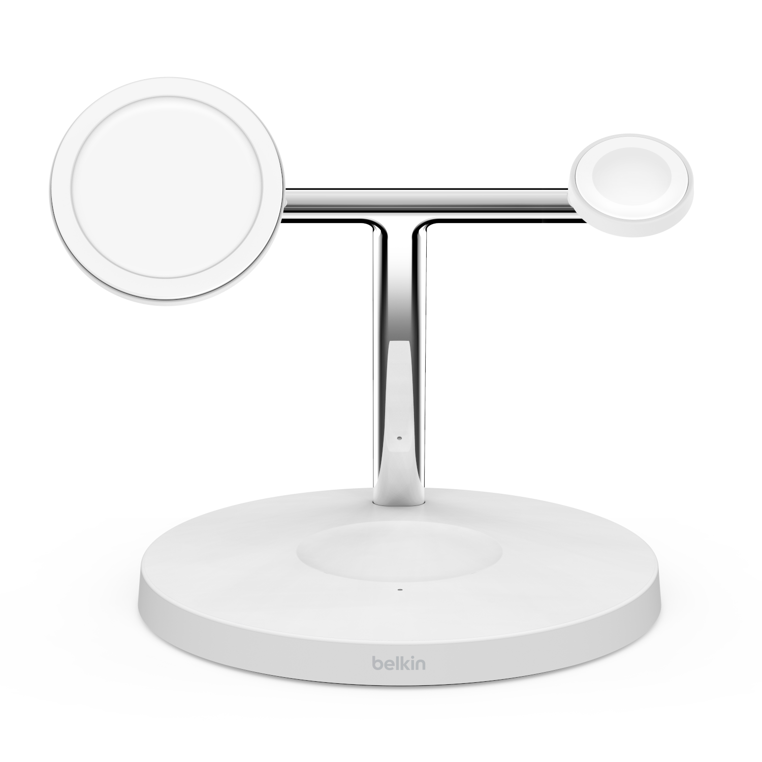 A white charging stand for multiple Apple devices, with a round base and a chrome arm.