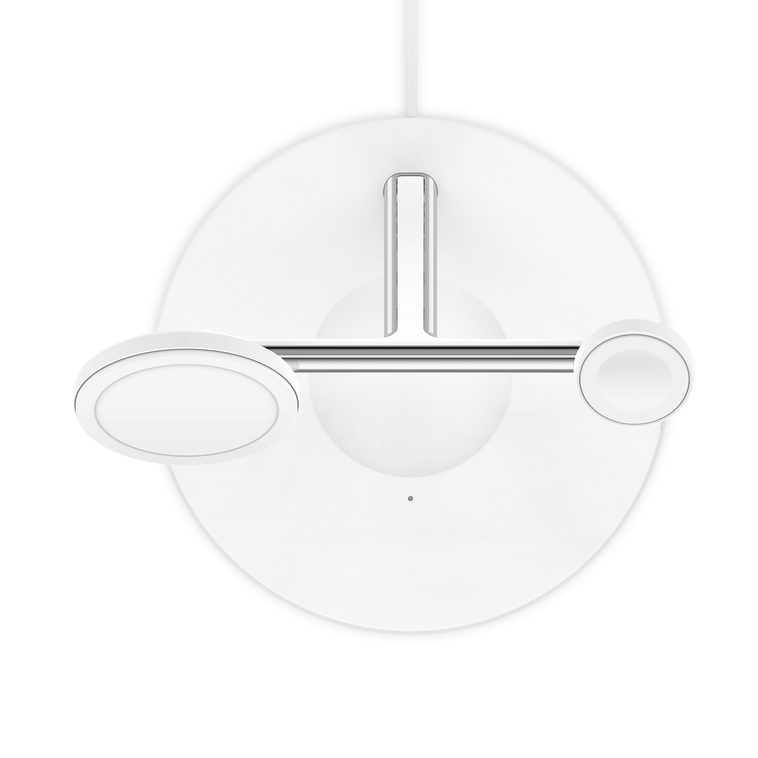 A white charging station with three circular charging areas and a silver bar.