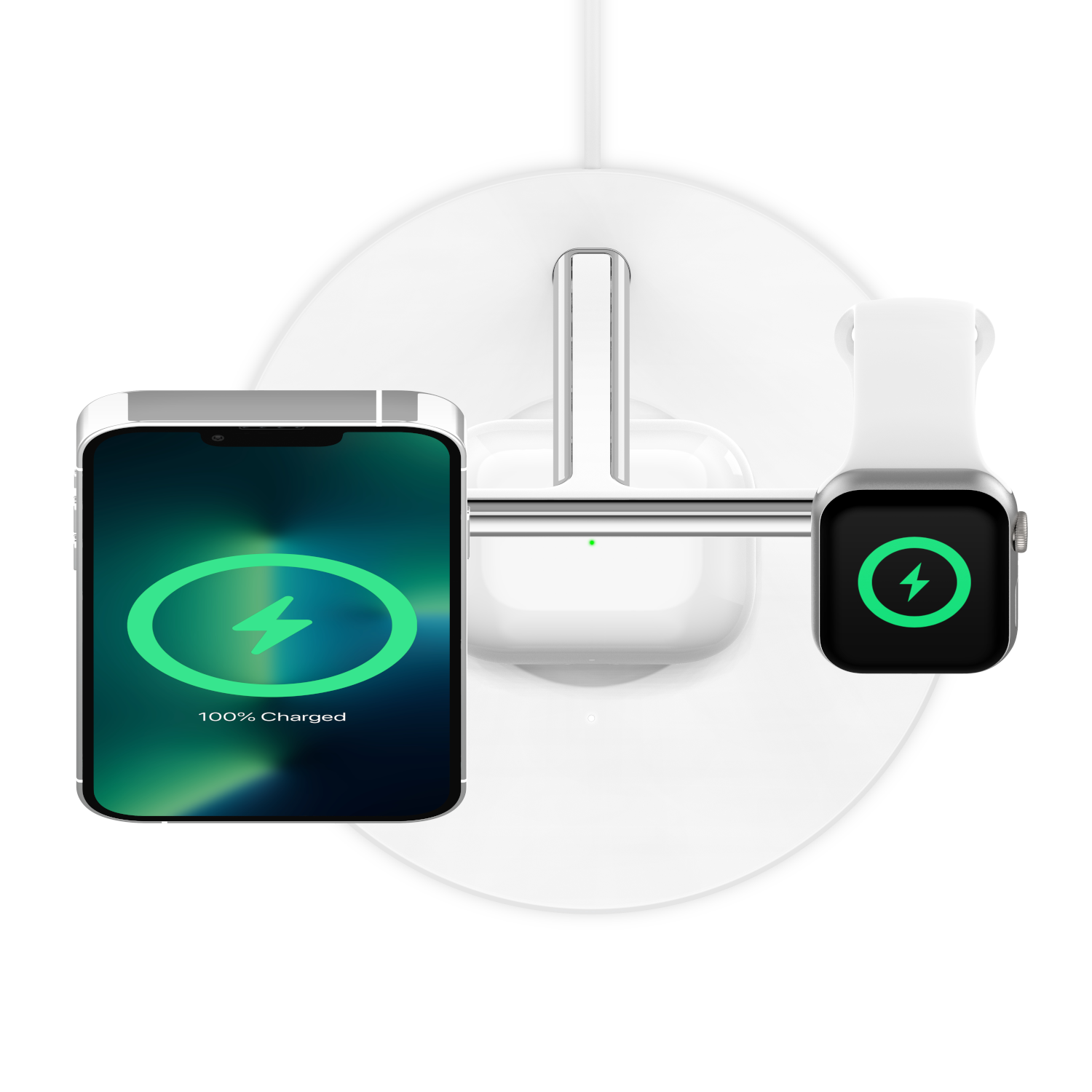 A charging station with iPhone, AirPods, and Apple Watch. The devices are charging, with green indicators.