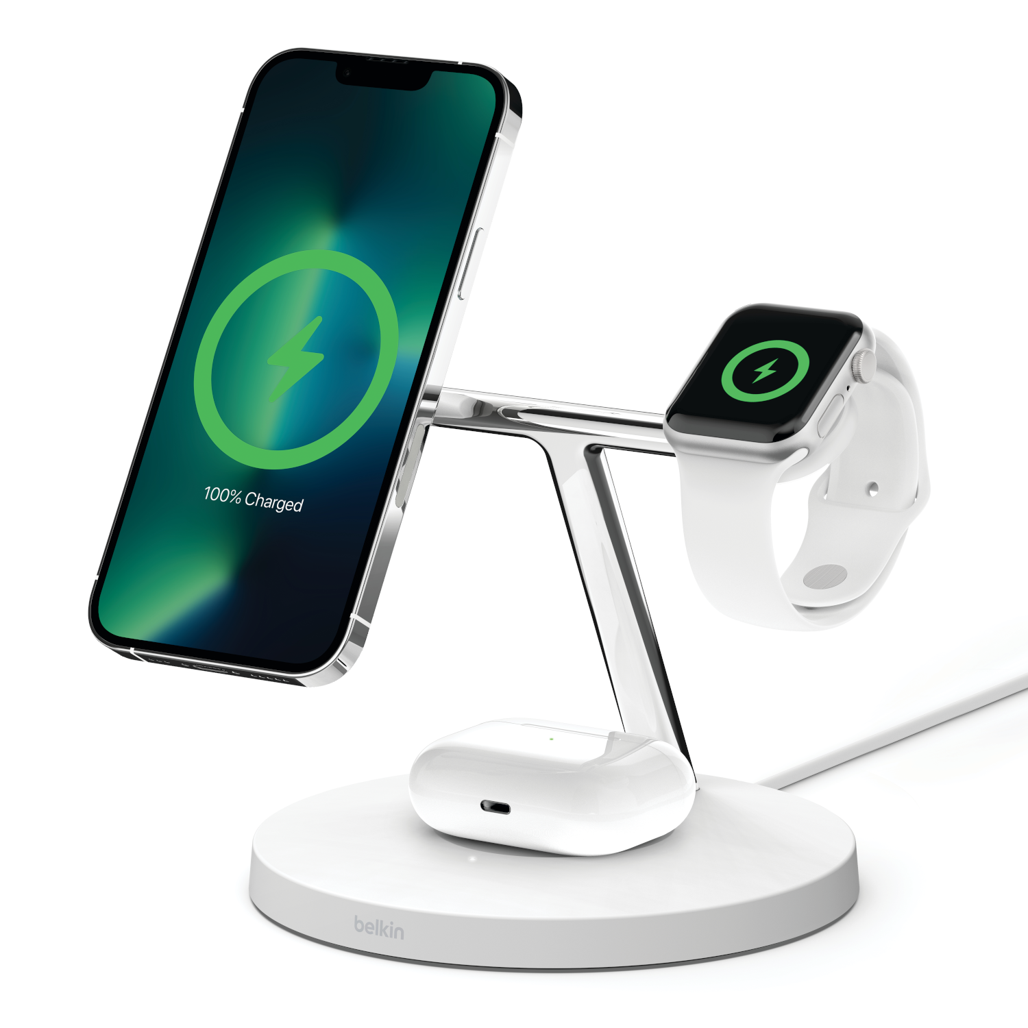 Charging station with phone, earbuds, and watch, all showing 100% charge.