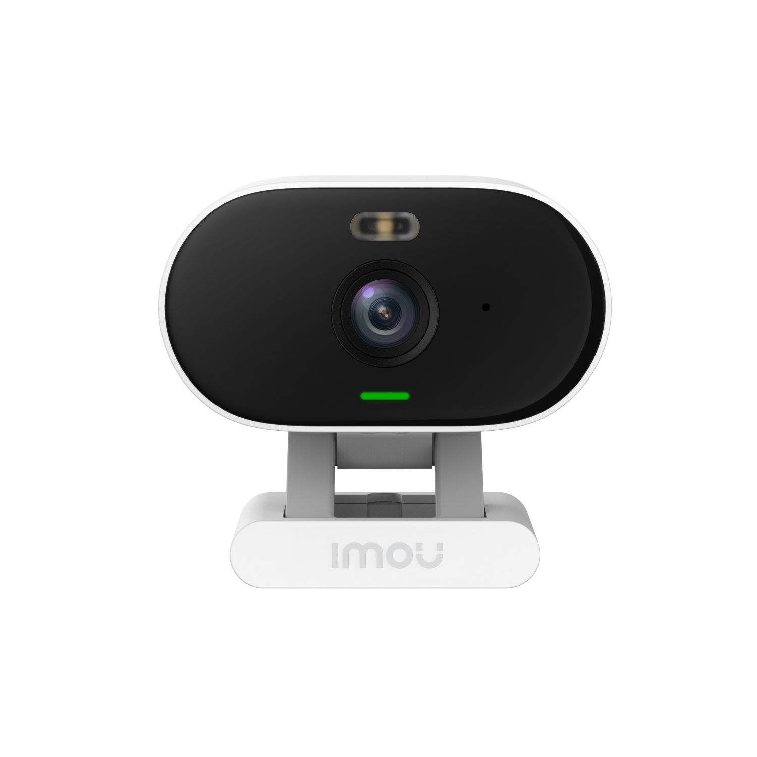 White and black security camera with a lens and a green light. Text: 'IMOU' at the bottom.