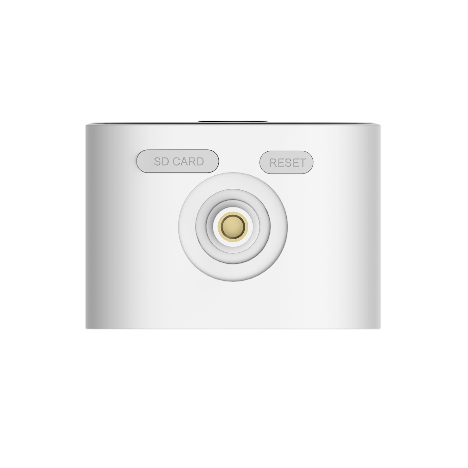 Small white device with SD card and reset buttons, with a gold circle.