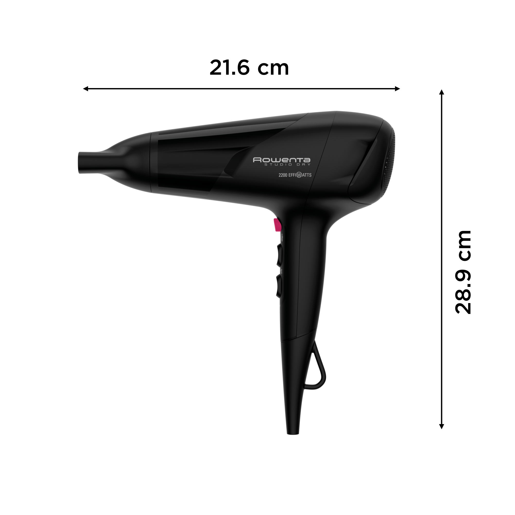 Secador de pelo negro con medidas. Las dimensiones son 21,6 cm de largo y 28,9 cm de alto.