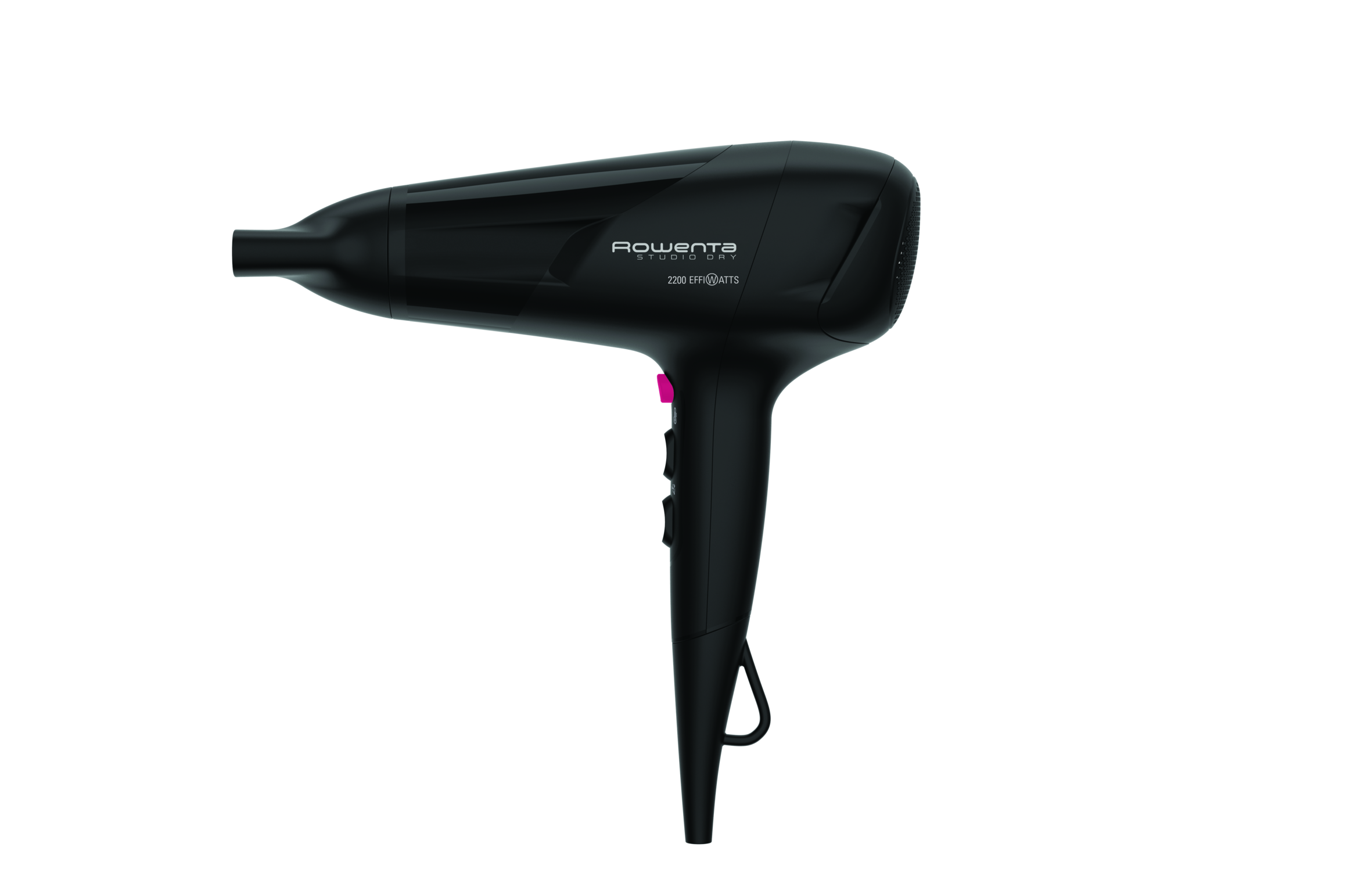 Un secador de pelo negro con un botón rosa, sobre un fondo negro.