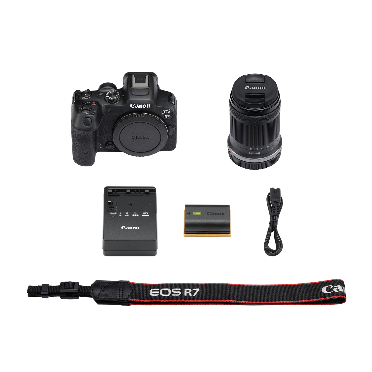 Fotocamera, obiettivo, caricabatterie, batteria e cinturino su sfondo bianco.