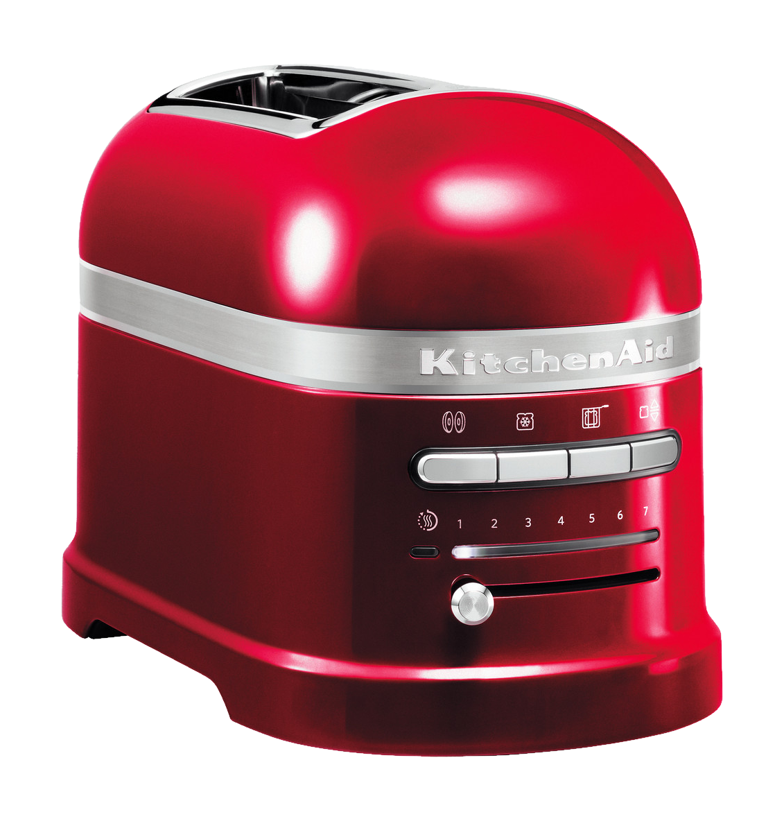 Tostapane KitchenAid rosso con pannello impostazioni e dettagli cromati su sfondo nero.