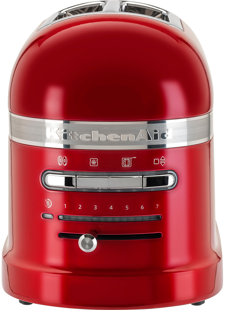 Tostapane KitchenAid rosso, vista ravvicinata, frontale, con pulsanti.