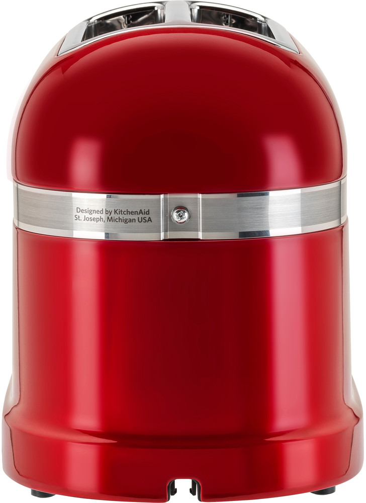 Un tostapane KitchenAid rosso con finiture argentate e il nome del marchio.