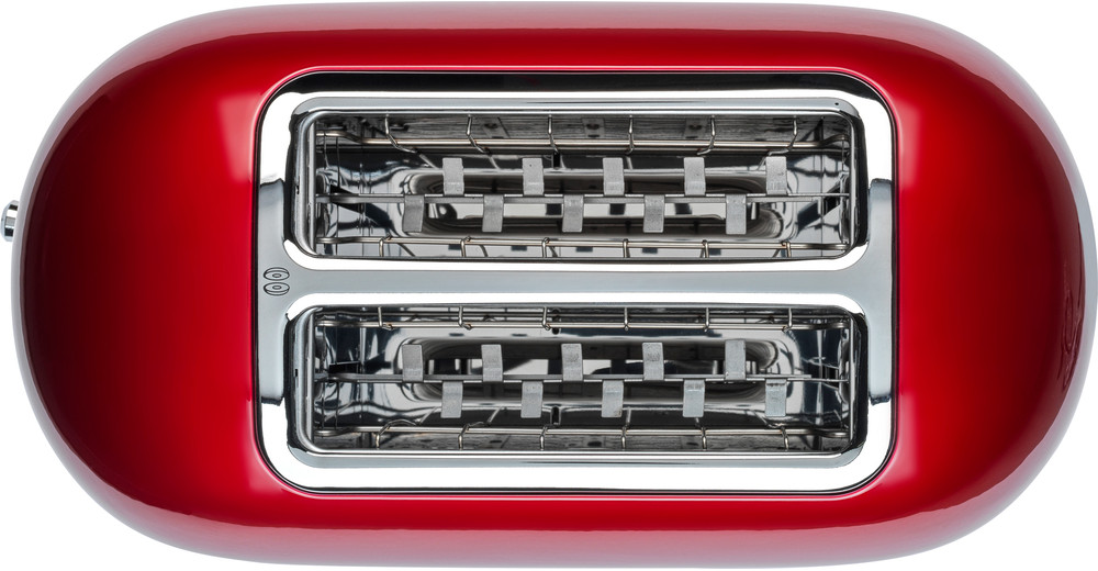 Tostapane rosso con due fessure. Vista dall'alto, che mostra elementi riscaldanti e dettagli cromati. Sfondo bianco.