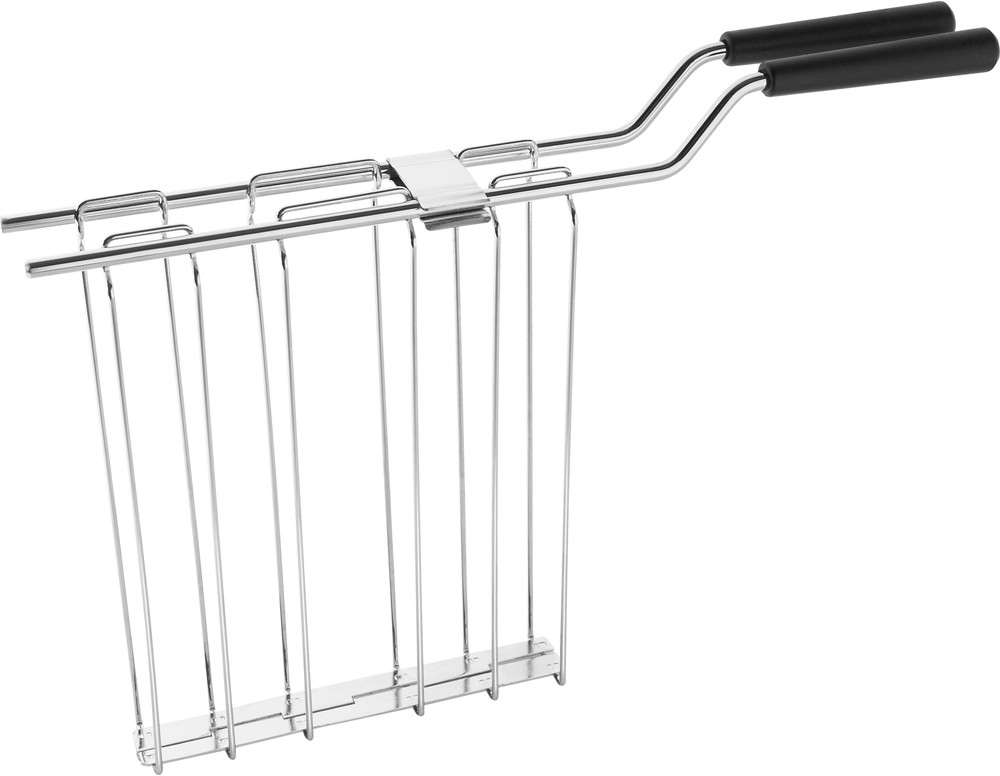 Porta toast cromato con manici neri. Progettato per contenere più fette.