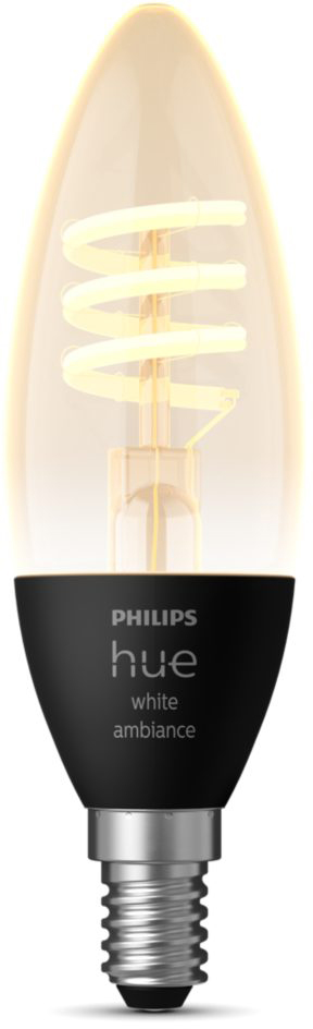 A Philips Hue LED candle bulb. It is black at the base and has a glass top with a glowing spiral.