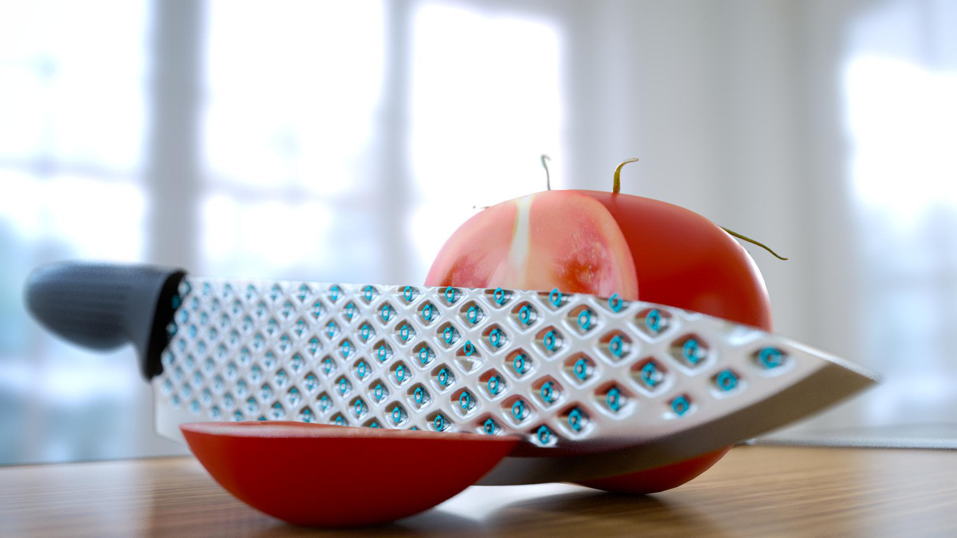 Ein Messer mit gemusterter Klinge schneidet eine Tomate. Eine halbe Tomate liegt davor, eine ganze dahinter. Der Hintergrund ist unscharf.